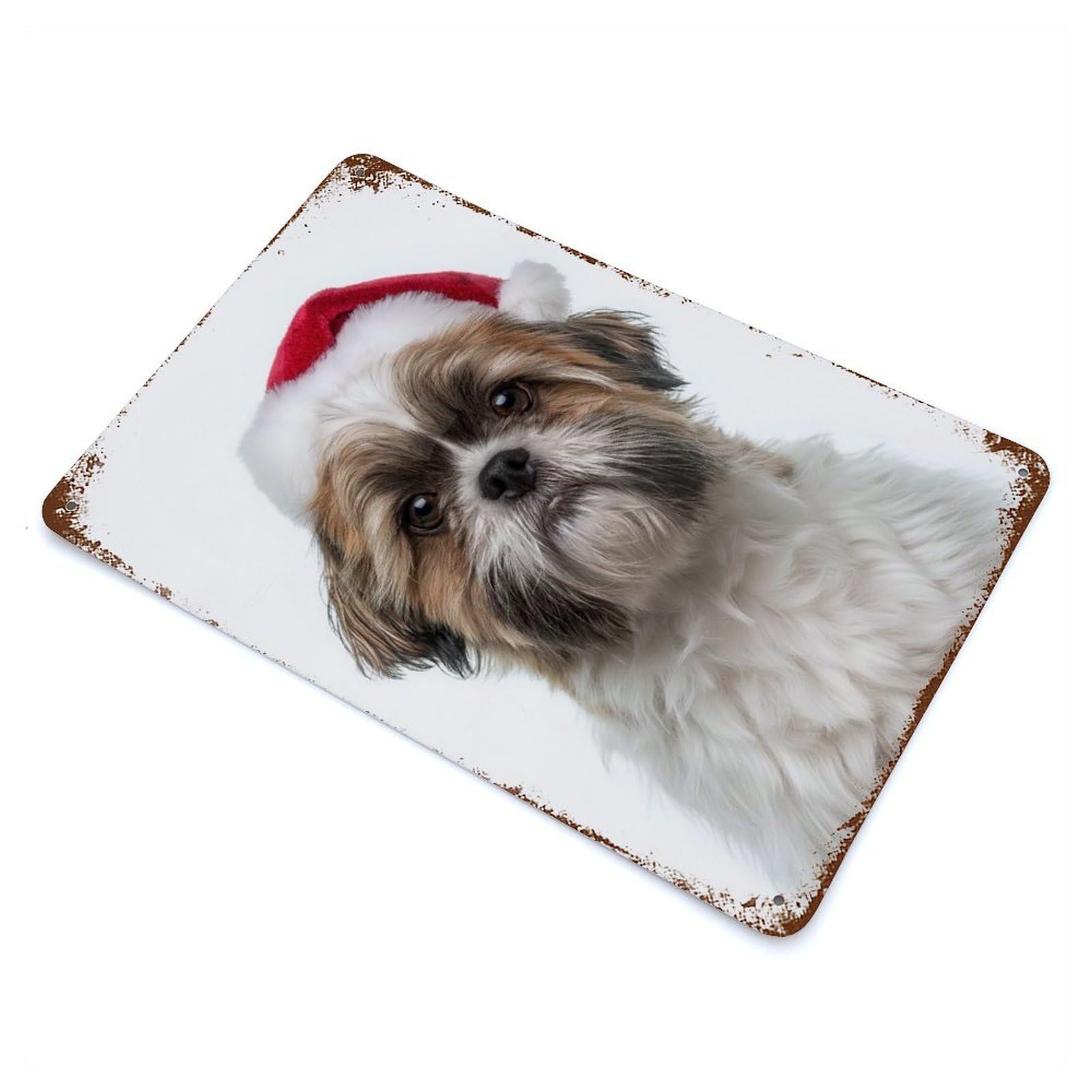 Rusty Metal Tin Sign Christmas Shih Tzu Dog with Santa Hat Portrait 11.8"x7.9", Industrial Home Decor for Patio, Garden Room And Bar Decor