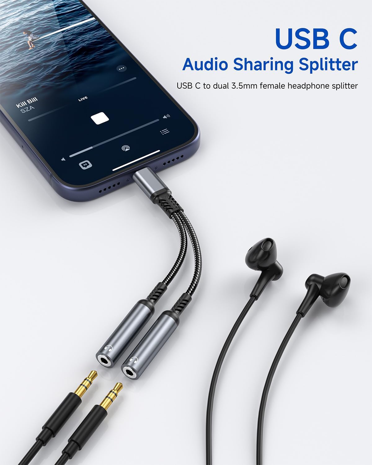 USB C to Dual 3.5mm Headphone Splitter for 2 Headphones, Hi-Res Type C to Aux Audio Jack Splitter Headphone Adapter Compatible with iPad, iPhone 17/16/15 Pro Max, Galaxy S26/S25/S24/S23, Pixel 10/9 XL