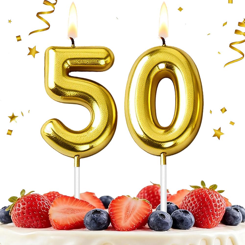 Hlwgfjdy Gold 50Th Birthday Candles Number 50 Cake Topper Happy Birthday Cake Decorations For 50Th Birthday Party, Candles For Birthday Anniversary Celebration Party Supplies