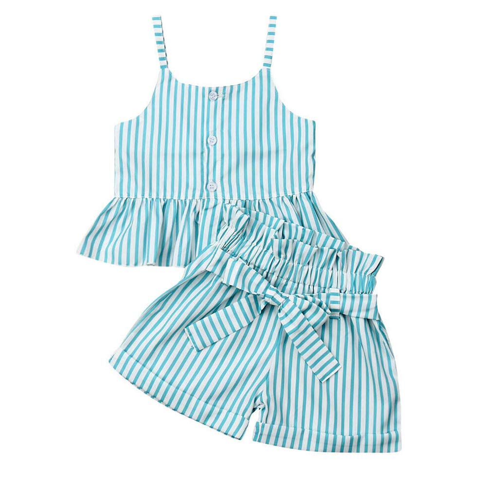 Toddler Baby Gils Stripes Summer Outfits Spaghetti Strap Button Down Top and Bowknot Short