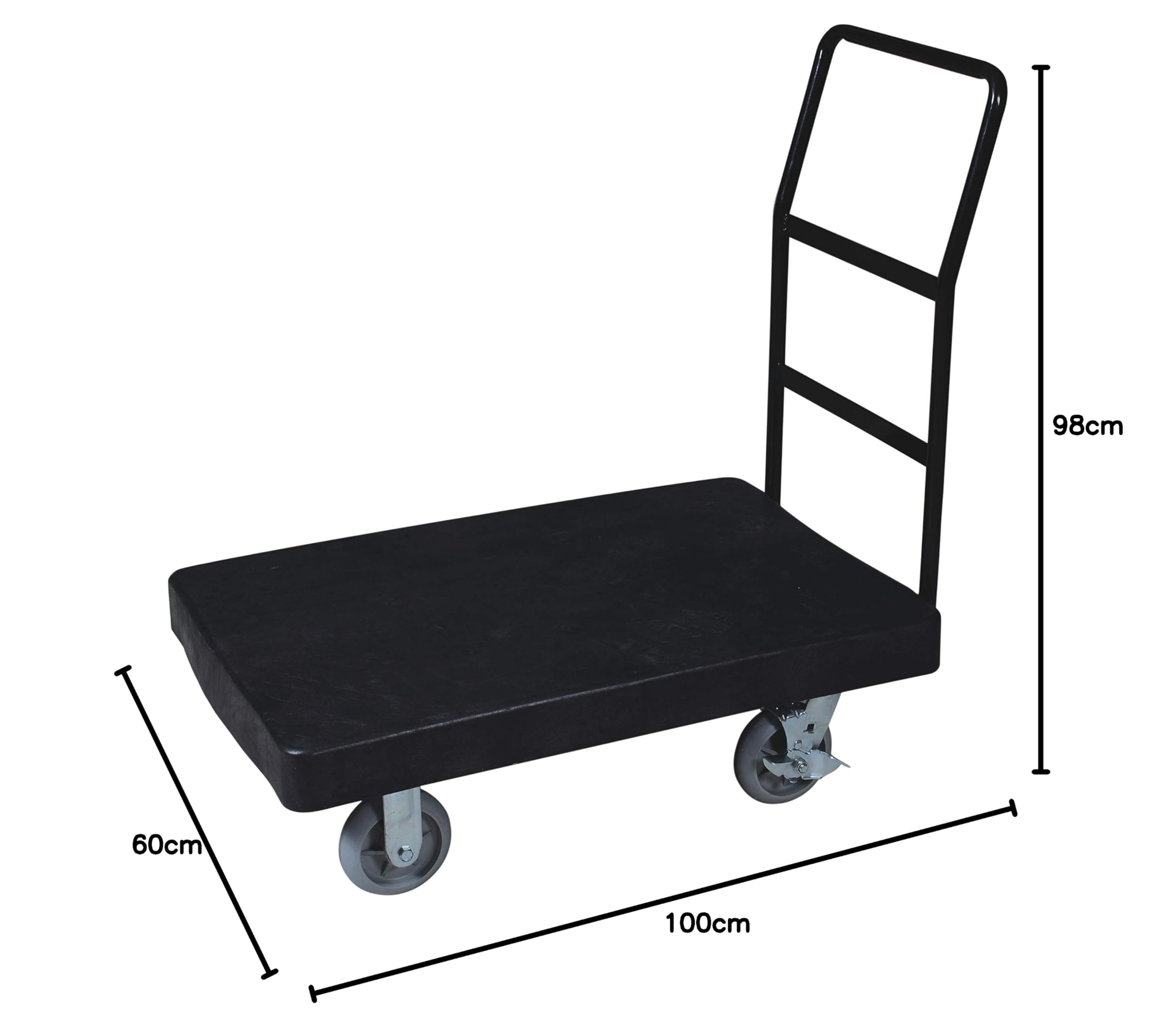 Chiner Carro de Plataforma Robusta con Asa Fija | Polietileno resistente, 2 ruedas fijas y 2 giratorias con freno, 150 kg, 100 x 60 x 98 cm