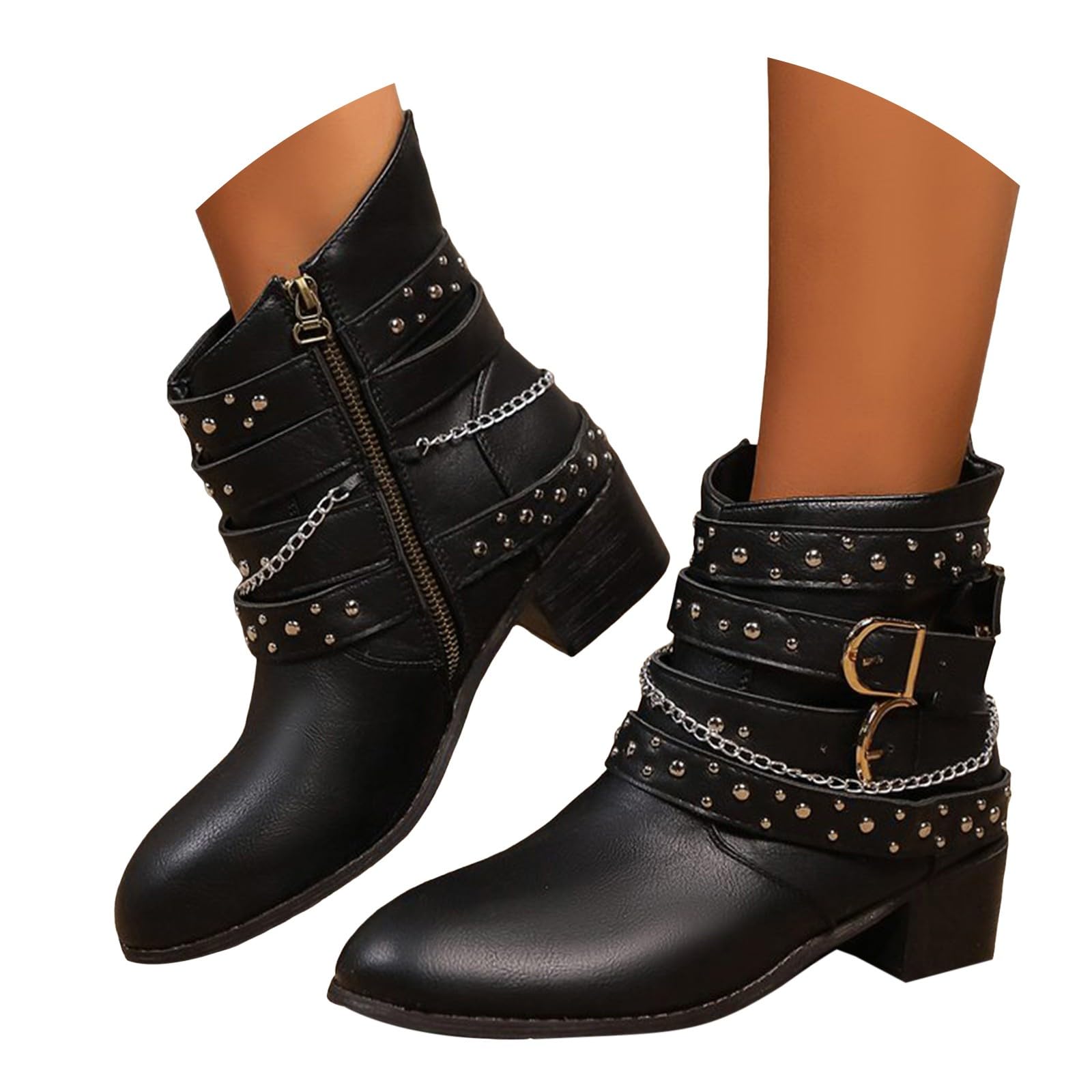 Womens Goth Leather Block Heel Mid Calf Boots Fashion Studded Ankle Strap Punk Boots Fall Winter Side Zipper