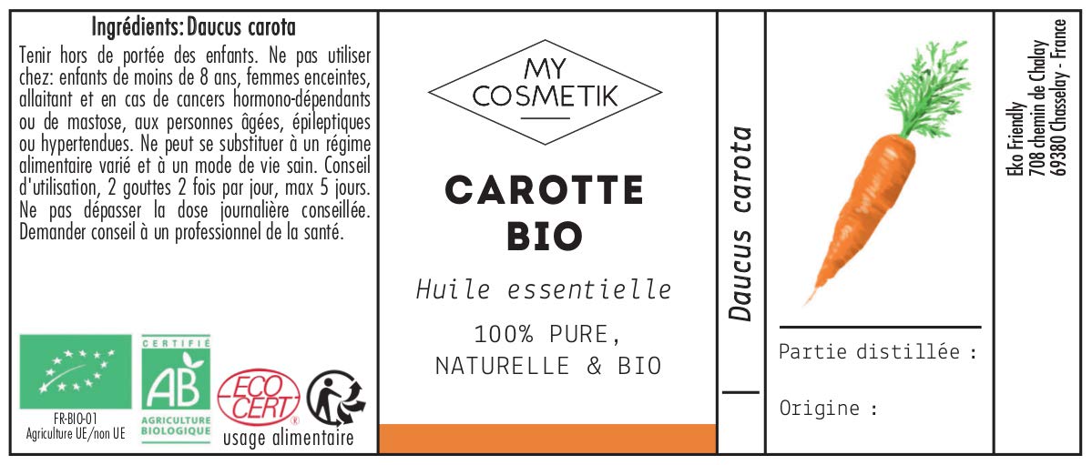 MyCosmetik - Huile Essentielle de Carotte BIO AB - Issue de l'agriculture Biologique - Chémotypées HEBBD/HECT - 100% pure et naturelle - Certifié ECOCERT - Fabriqué en France - 5 ml - 3