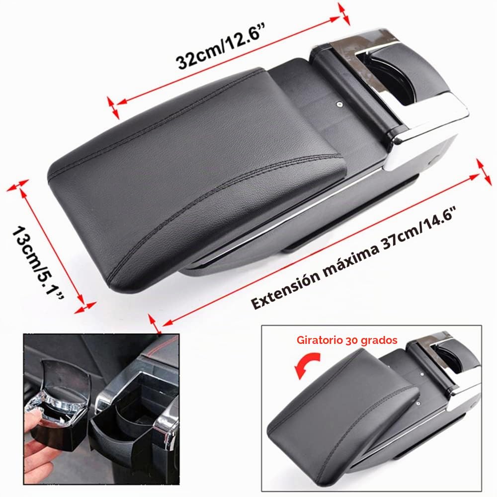 Reposabrazos central AutoSunShine, universal, cuero, espacio de almacenamiento con soporte para vasos