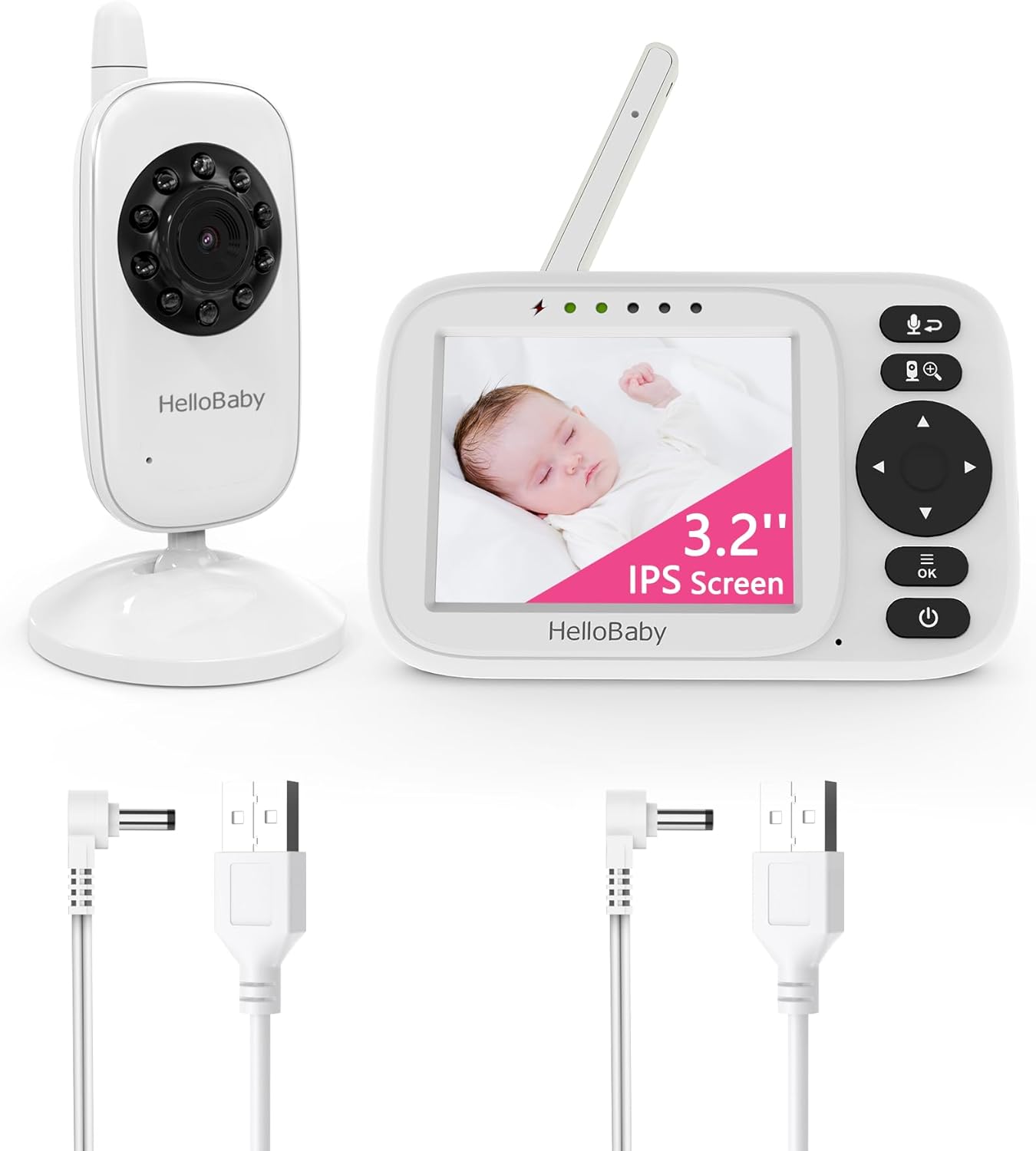 カメラとオーディオ付きのハローベイビー ベビー モニター、3.2 インチ WiFi ベビー モニター、双方向トーク、ナイト ビジョン、VOX/ECO、1000 フィート、子守唄、温度、2 つの USB 充電ケーブル、2438Plus、両親、高齢者、ペット用