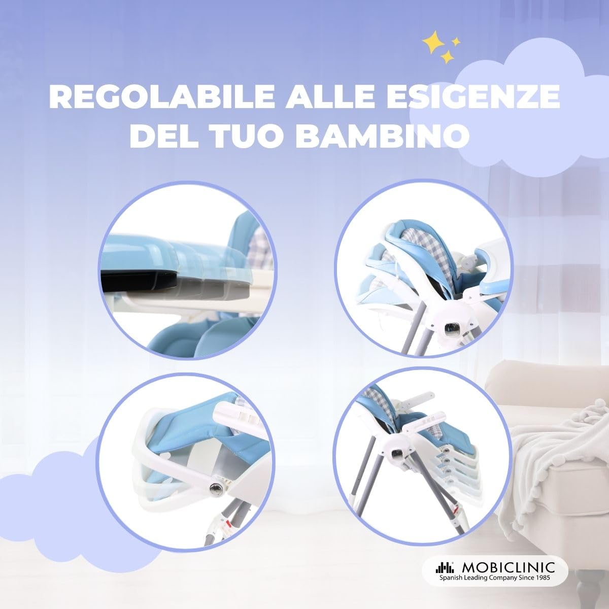 Mobiclinic®, Seggiolone a dondolo evolutivo, 3 in 1, 6-36 mesi, 15 kg, Pieghevole, Regolabile altezza e sullo schienale, Doppio vassoio rimovibile, Rotelle 360°, Imbracatura 5 punti