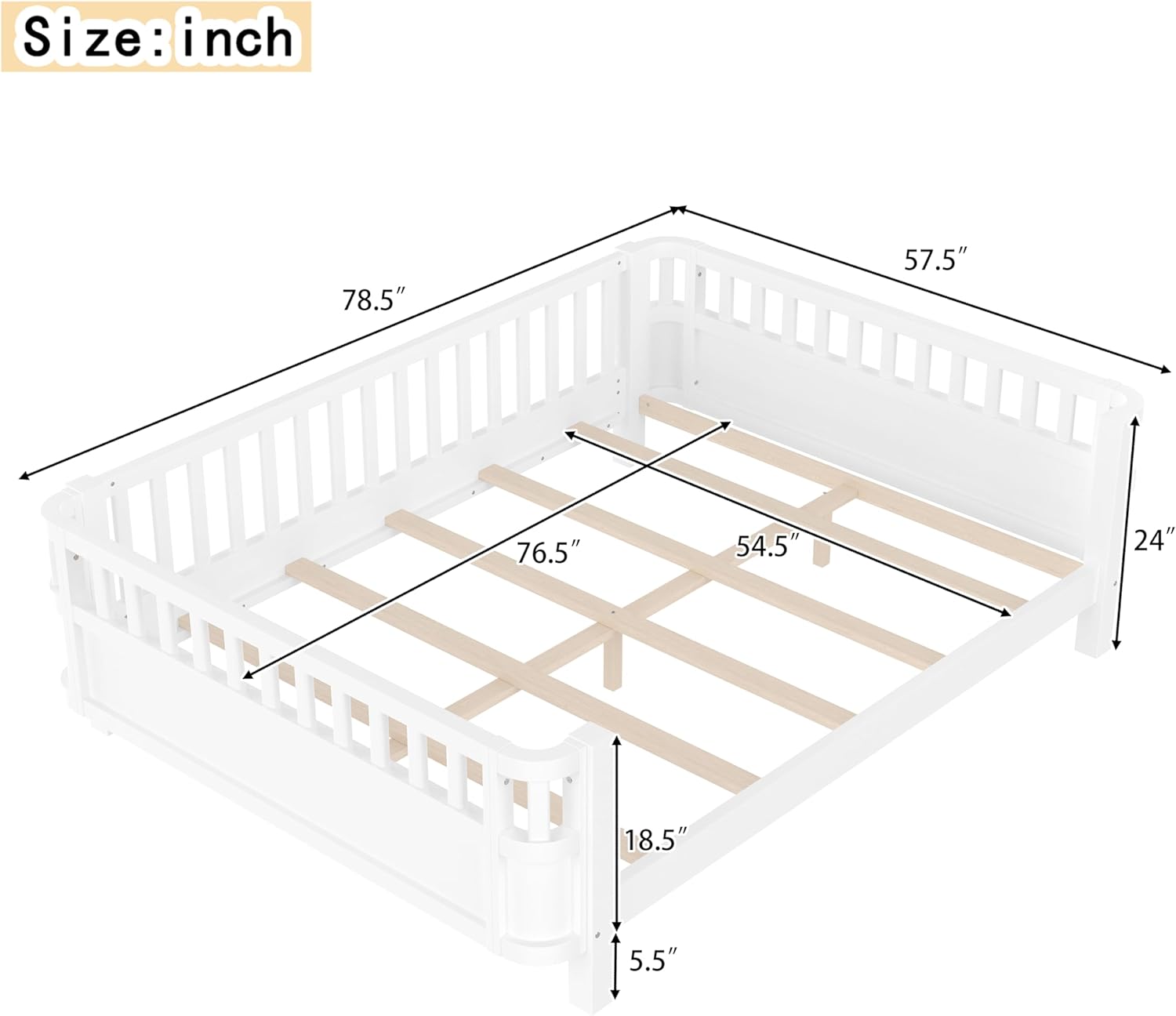 Full Size Wood Platform Bed with Safety Guardrails for Kids Teens, Detachable Fence Bedroom Furniture for Girl Boy, Sturdy Slat Support No Box Spring Needed. (White)