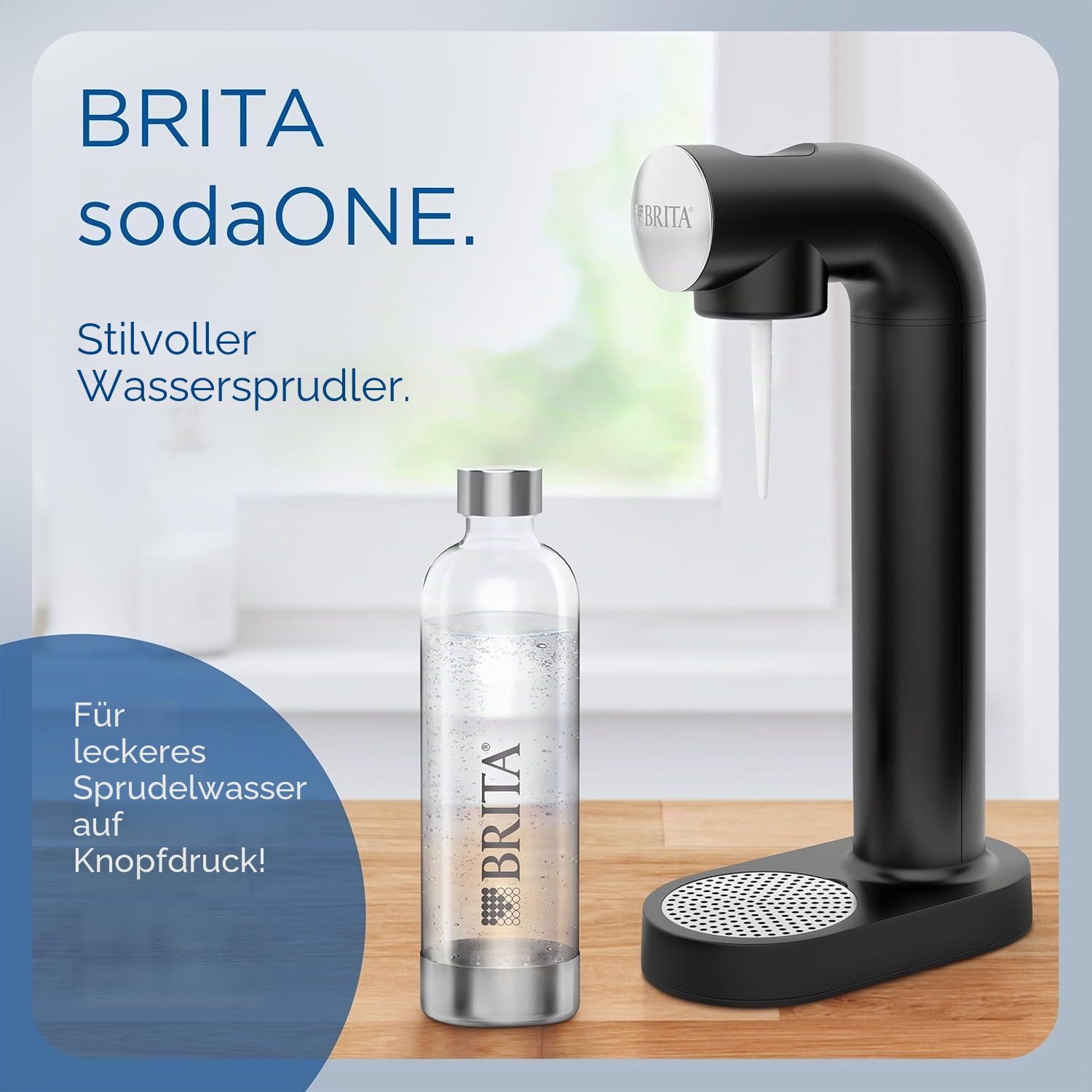 BRITA Wassersprudler sodaONE (schwarz) inkl. CO₂-Zylinder und BPA-freier PET-Flasche | Macht aus Trinkwasser spritziges Sprudelwasser (bis zu 60l pro Zylinder) – Trinkwassersprudler für zuhause