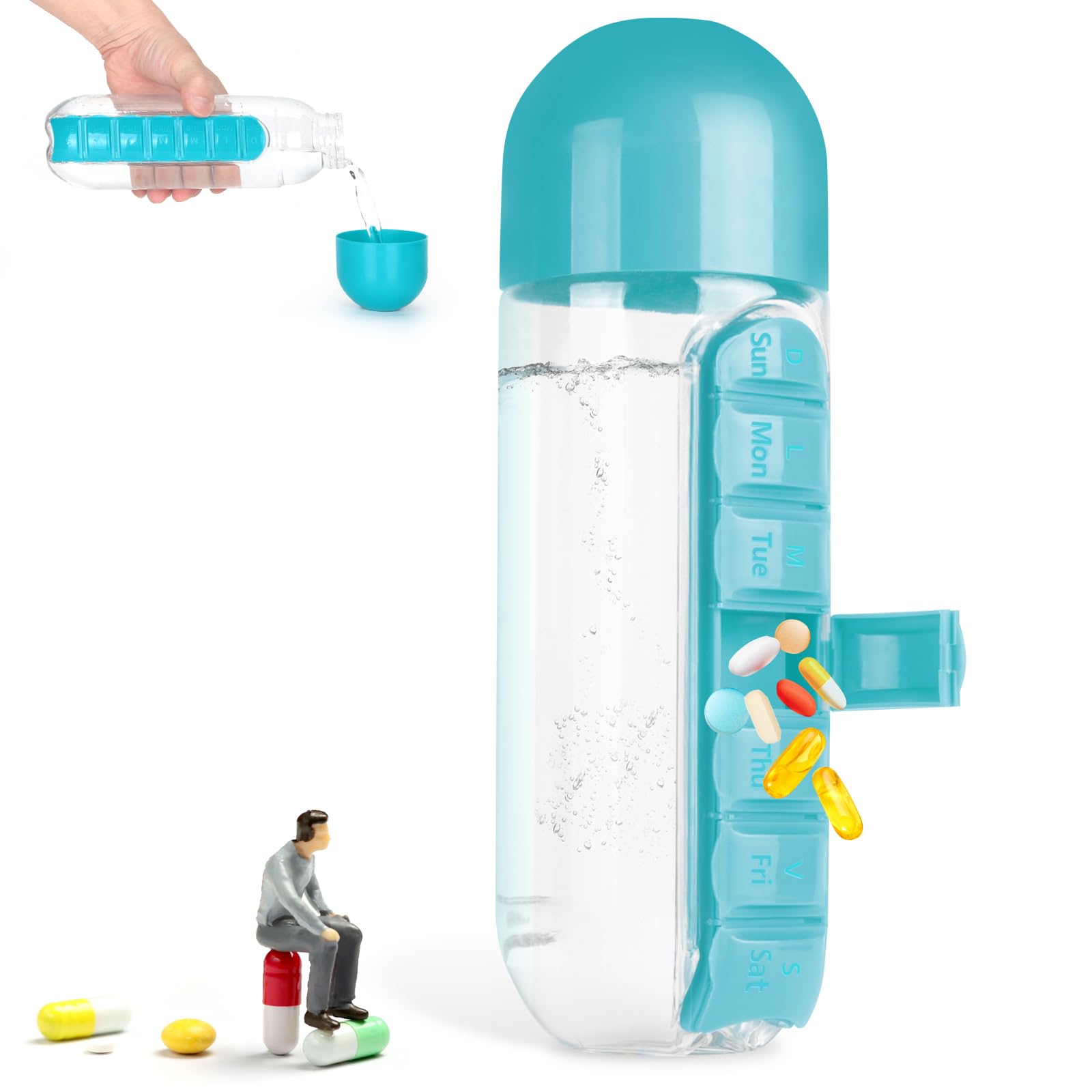 Portable Pill Box Water Cup,2 in 1 Water Bottle Pill Box Storage Box,20 oz Daily Sports Water BottleOrganizer 7 Days Capsule Organizer