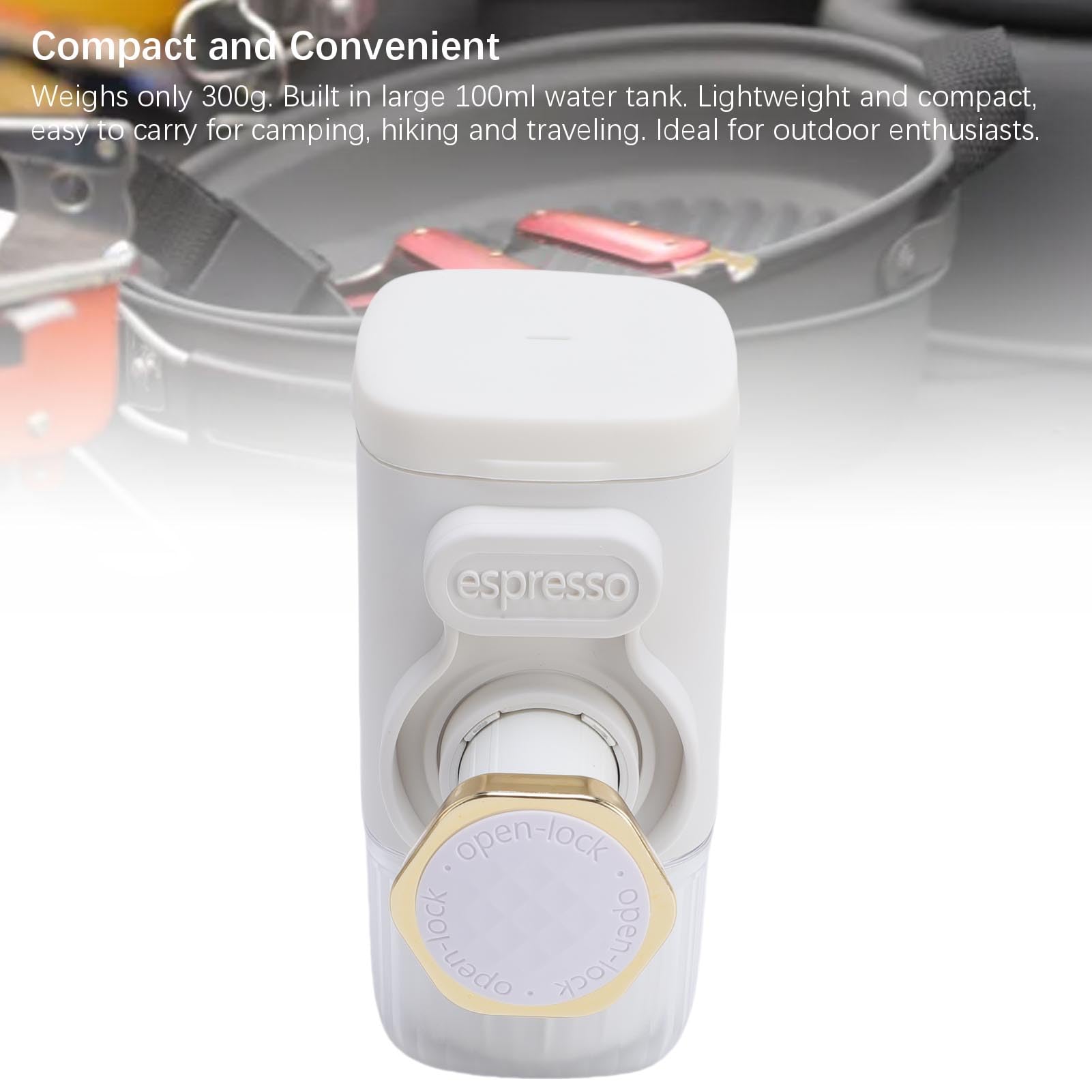 Cafetera portátil de mano, compacta y ligera, funciona manualmente para viajes, camping y senderismo (blanco)