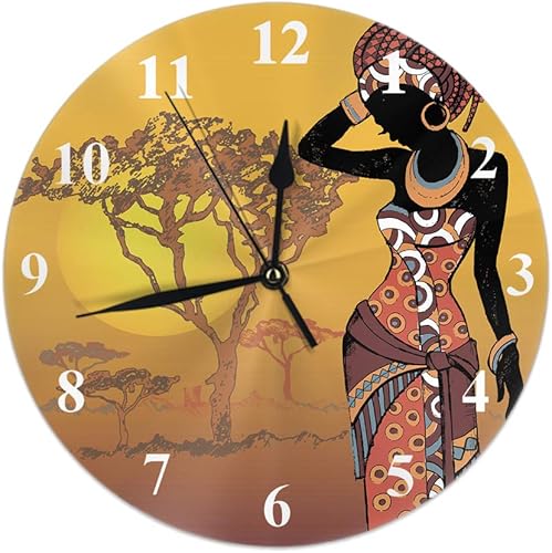 HGOD DESIGNS Reloj de pared redondo para mujer africana hermoso diseño de mujer africana en el atardecer silencioso redondo decoración de pared para