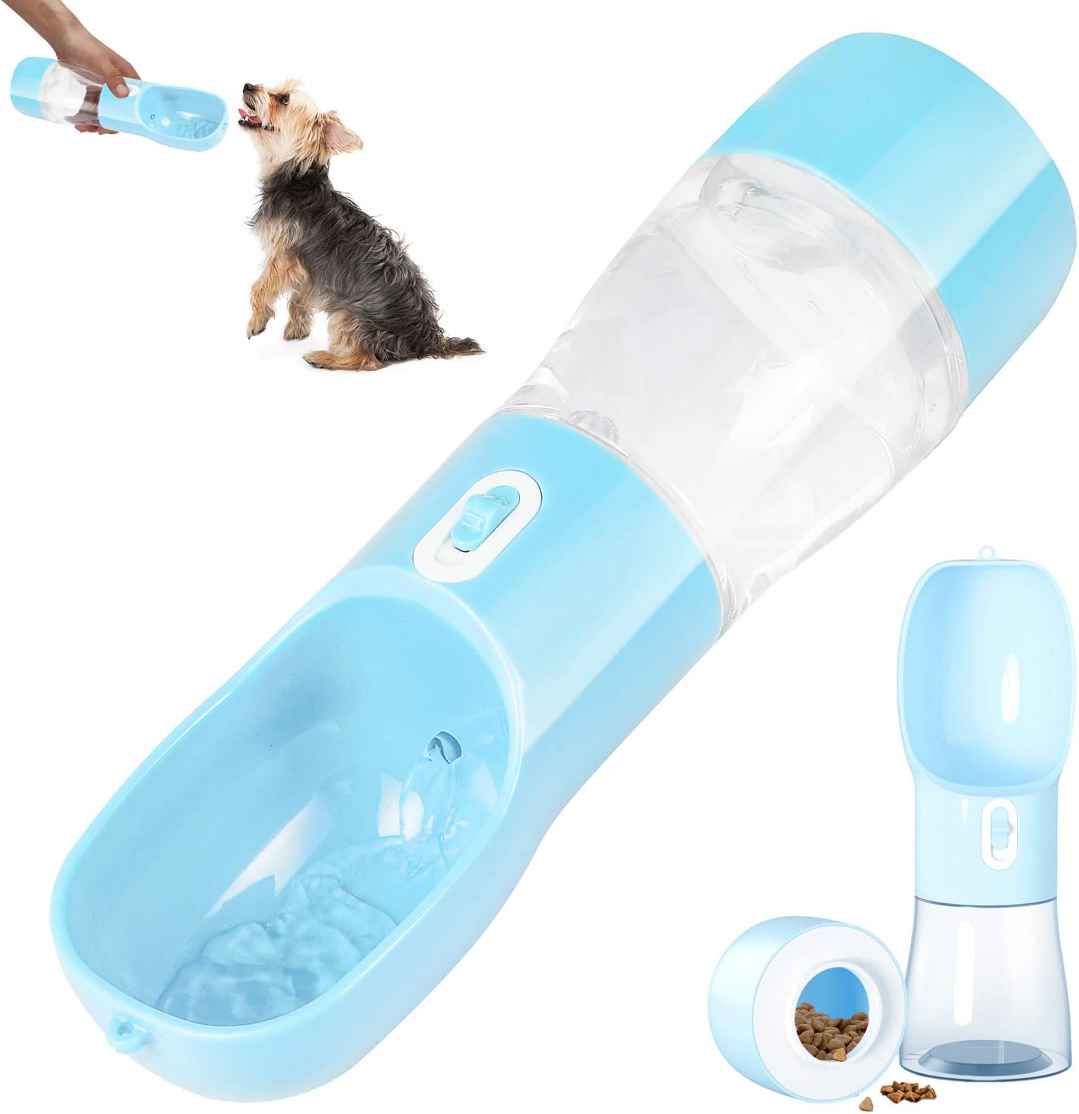 2-in-1 Dog Water Bottle, Protable Dog Cat Water Bottle for Walking/Hiking/Travel, Pets Outdoor Drinking & Feeding Dispenser (Blue)