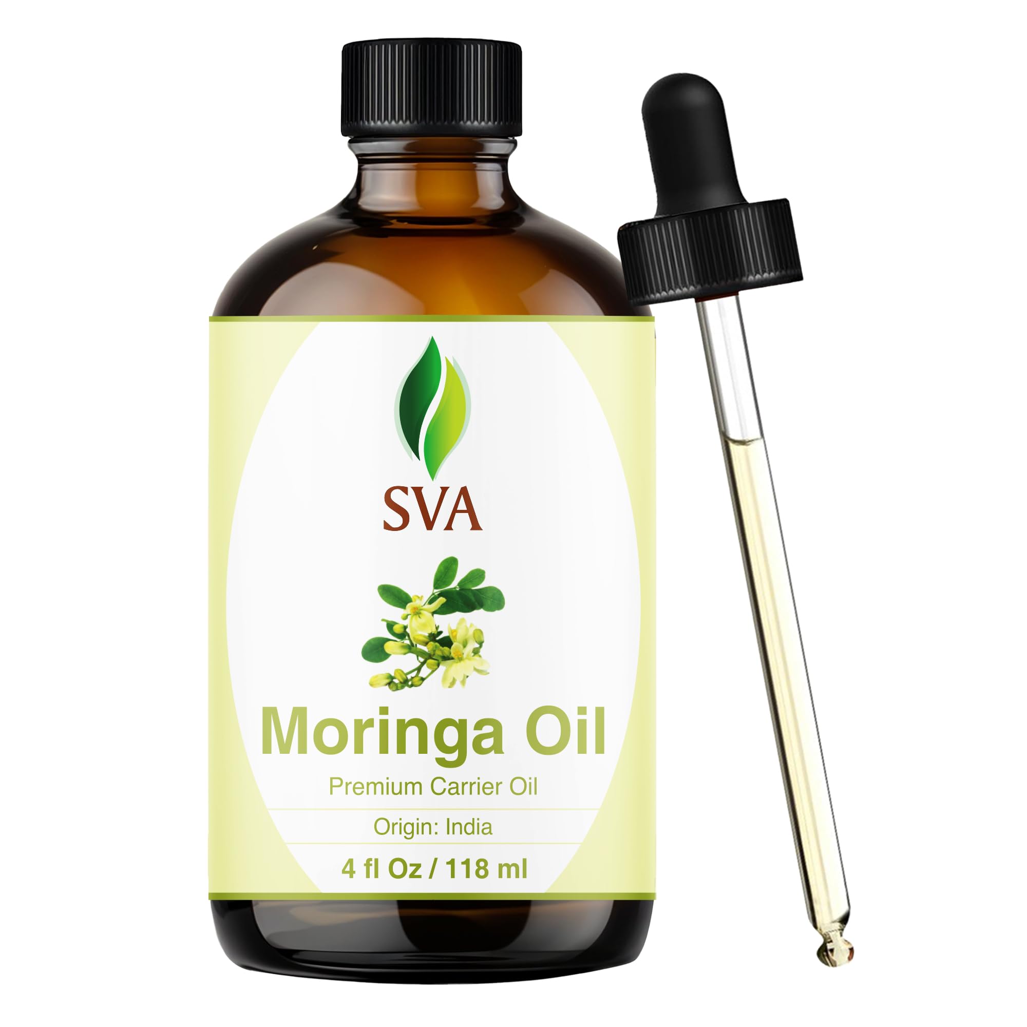 SVA Moringa Seed Oil - 4 Fl Oz – 100% Natural Cold Pressed - for Face, Skin Care, Hair Care, Scalp Massage & Body Massage – Carrier Oil with Dropper