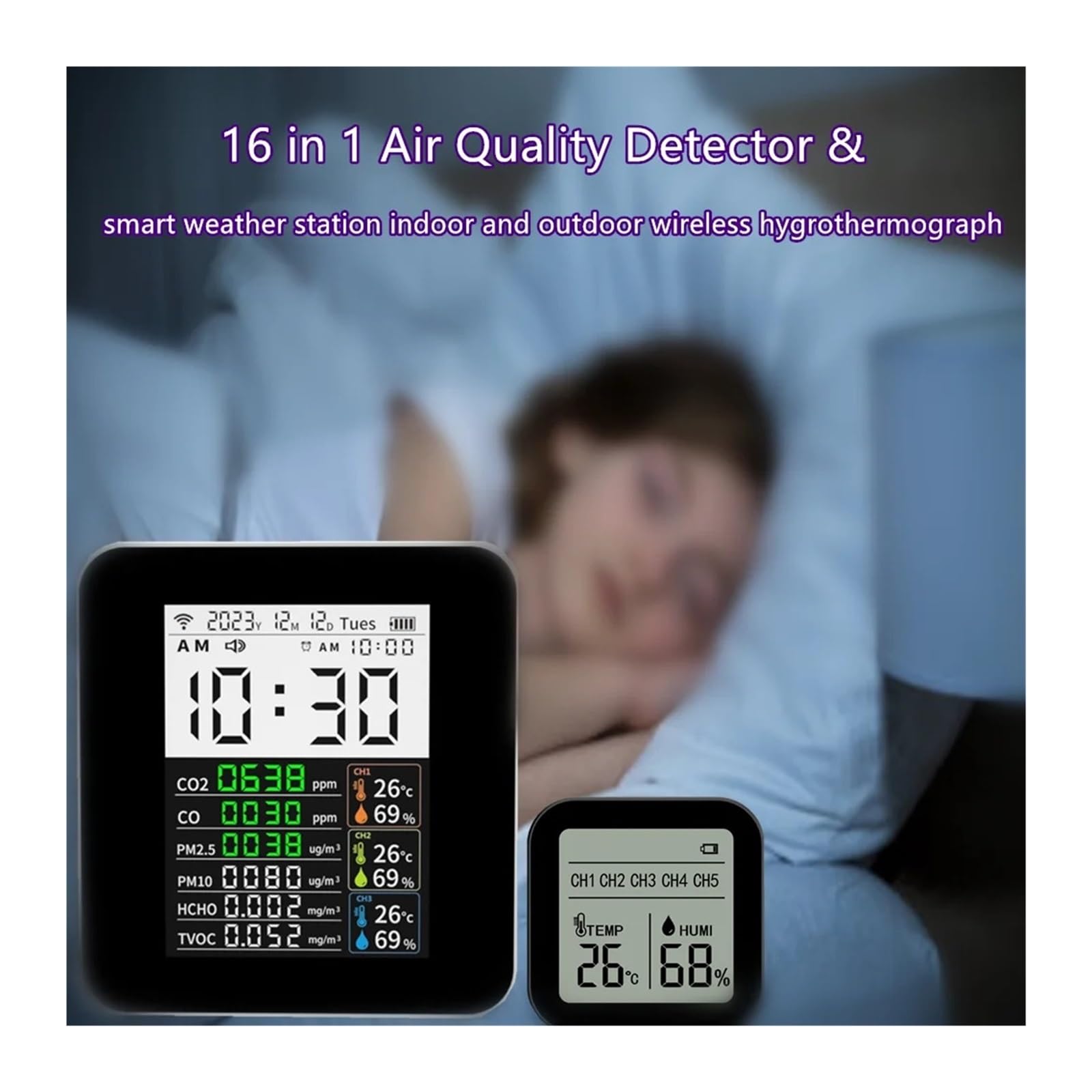 Estación Meteorológica, Monitor de calidad del aire intelinte 16 en 1 con wifi, CO2, CO2, TVOC, HCHO, PM2.5 y PM10, y estación meteorológica intelinte inalámbrica con temperatura y humedad.((with 1 Se