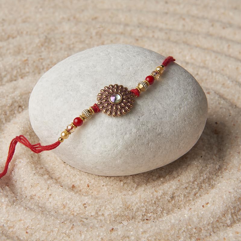 The Gift Studio Golden Flower Rakhi for Brother | Handcrafted Traditional Rakhi with Beads & Thread | Elegant Floral Design | Roli & Chawal Included | For Bhaiya, Bhabhi & Kids-image-31