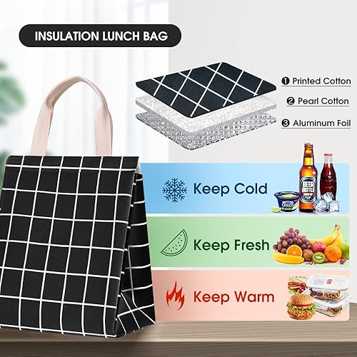 Miniatura 2 de HOMESPON Lonchera reutilizable con aislamiento, tela de lona con papel de aluminio, bolsa de almuerzo para mujeres, hombres, oficina (cuadros negros)