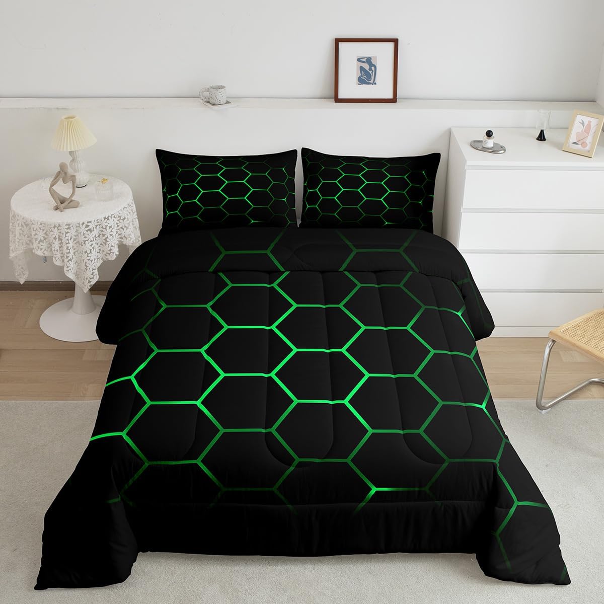 Hexagonal Bedding Set 3D Geometric Honeycomb Comforter Set for Kids Boys Girls Luxury Beehive Hexagon Comforter Neon Green Black Decor Quilt Set Bedroom Collection 3Pcs Full Size Multi 4 Ful