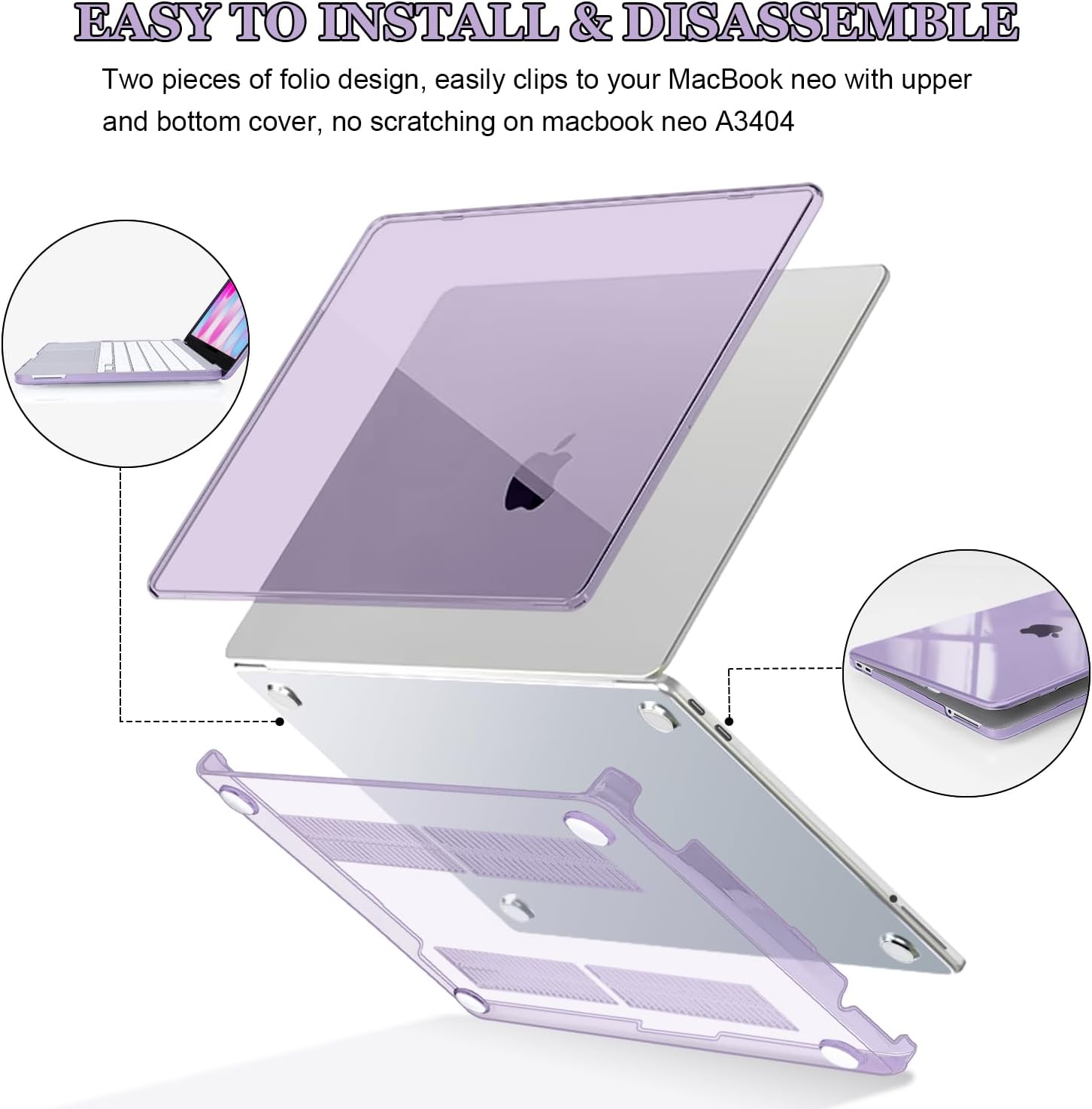 Laptop Case for 2026 MacBook Neo 13 Inch A18 Pro A3404 | Ultra-Thin Anti-Scratch Hard Shell with Keyboard Cover, Screen Protector, Silicone Dust Plugs & Webcam Privacy Cover | Crystal Purple