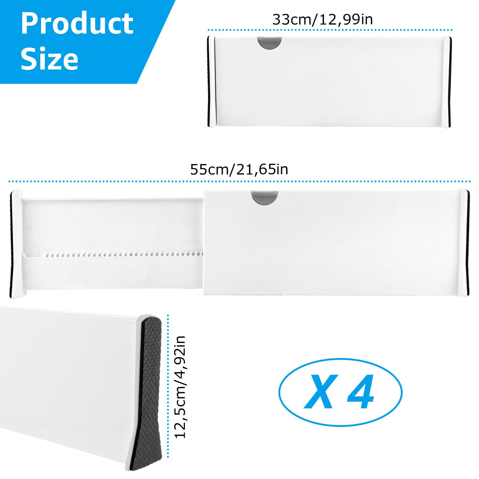 Set di 4 separatori per cassetti, regolabili, 33-55 cm, altezza 12,5 cm, organizzatore per cassetti, in plastica, per vestiti, cucina, camera da letto, cassettiera, bagno