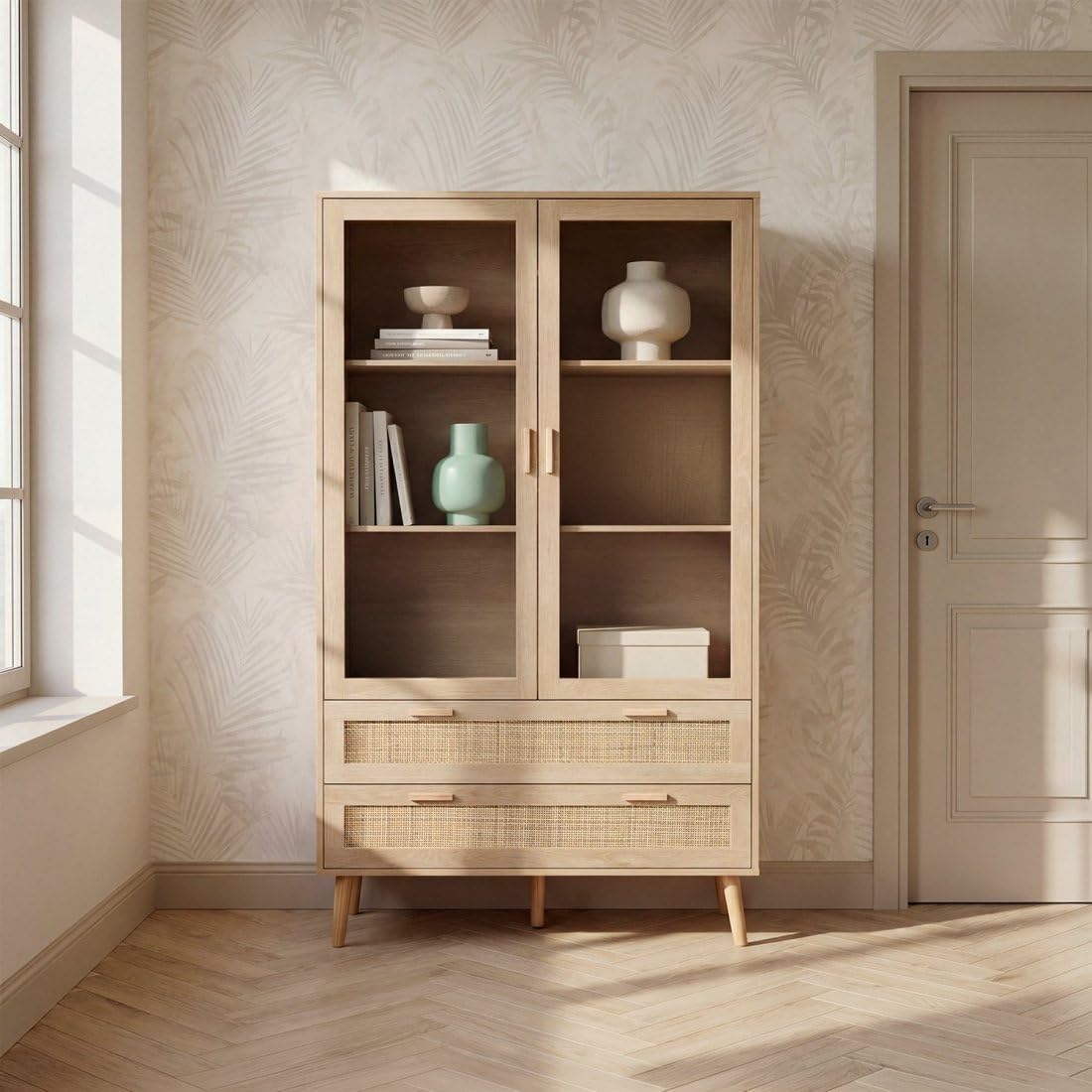 KLAST Vitrine en Bois et en Rotin Naturel avec Dos Portes Vitrees, Trois Etageres et Dos Tiroirs pour Le Rangement. Dimensions : 100 Cm x 170 Cm