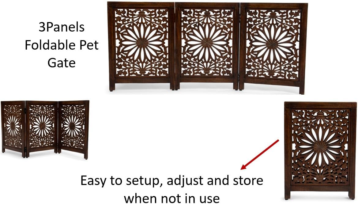 DEVLA Wooden Tall Walnut Antique Indoor Gate for Dog & Pet (54" W x 24" H) Solid Wood with MDF Foldable Gate for Home Use | 3 Panel Freestanding Wood Gate for Doorway, Stairs
