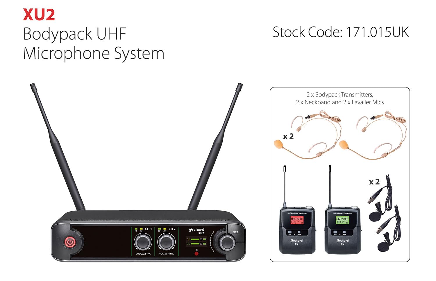 Chord XU-2BP - Sistema microfonico senza fili, doppio ricevitore UHF con 2 Bodypack, microfoni lavalier e auricolari, ideale per presentatori e istruttori di fitness