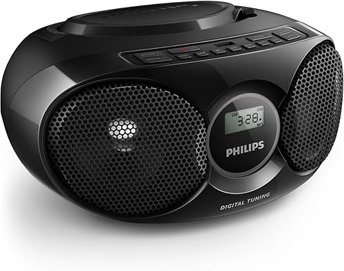 Philips Reproductor de CD portátil Boombox, altavoces estéreo dinámicos de graves aumento, reproductor de CD de radio FM ligero con pantalla LCD,