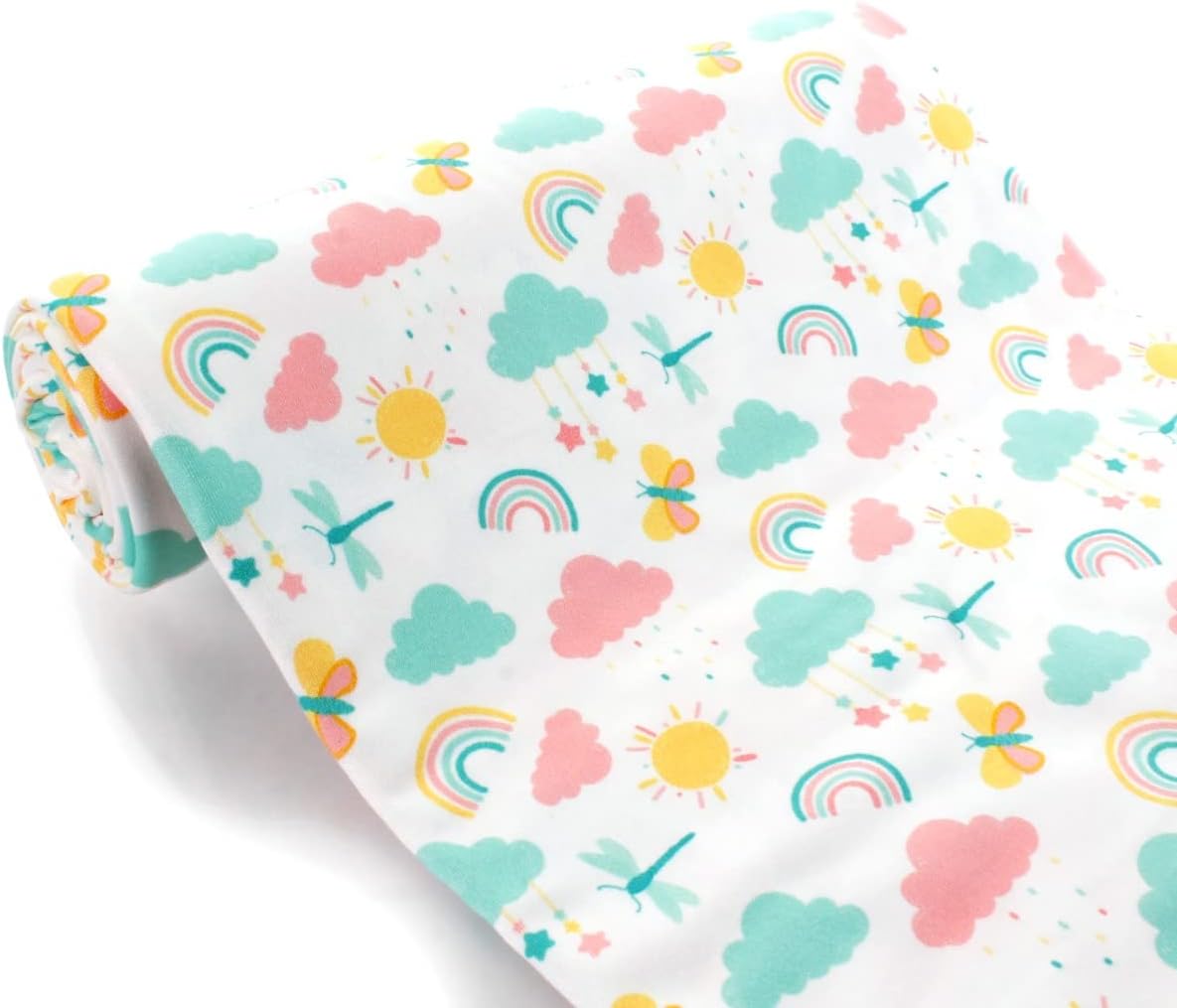 Pastel Rainbows and Butterflies DBP Fabric - Double Brushed Polyester 4 Way Stretch - 1 Yard