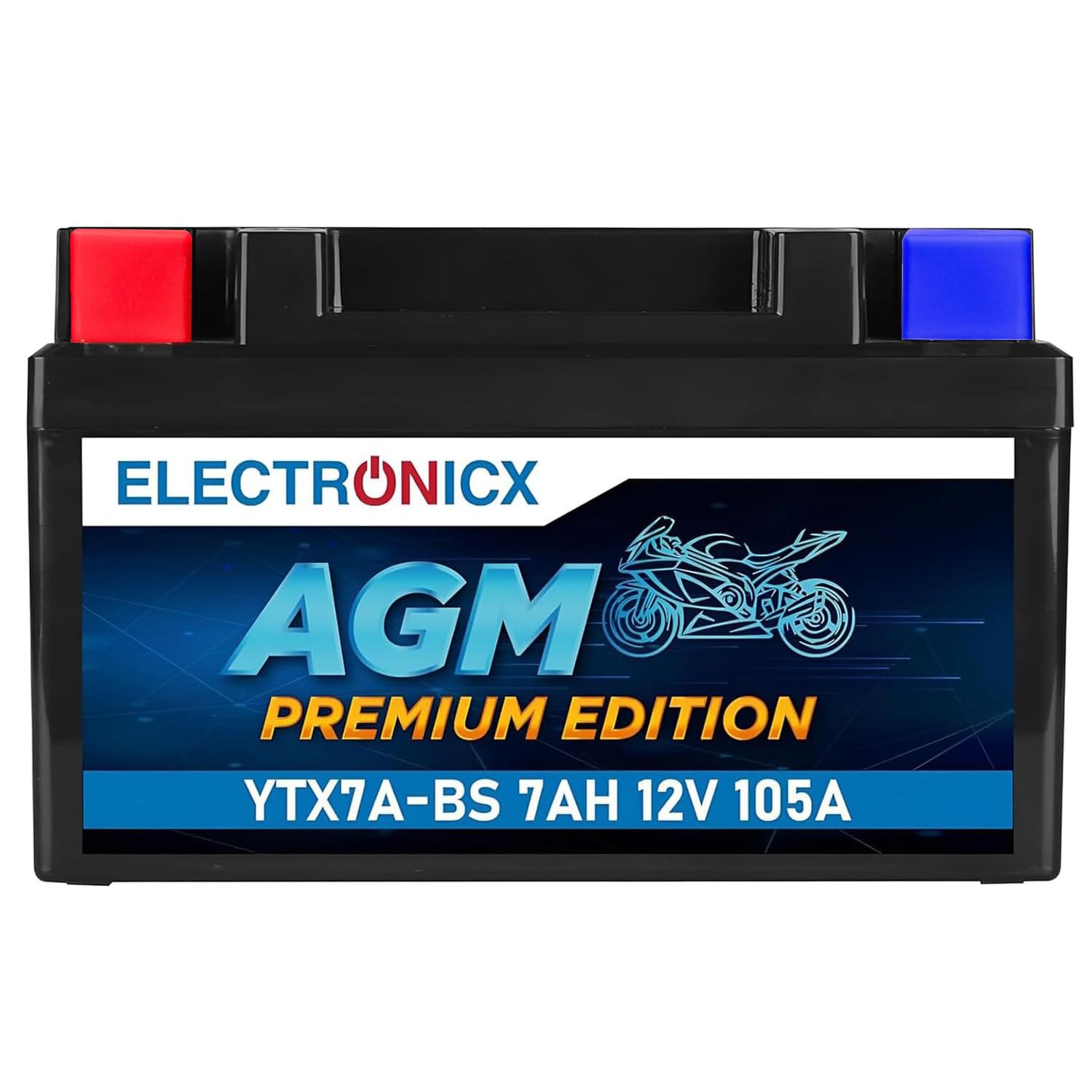 Electronicx AGM YTX7A-BS Motorradbatterie -12V 7Ah 105A – wartungsfreie, rüttelfeste, kompakte, robuste und versiegelte Starterbatterie - Ideal als Akku für Roller, Mofa, Motorrad, Quad und ATV