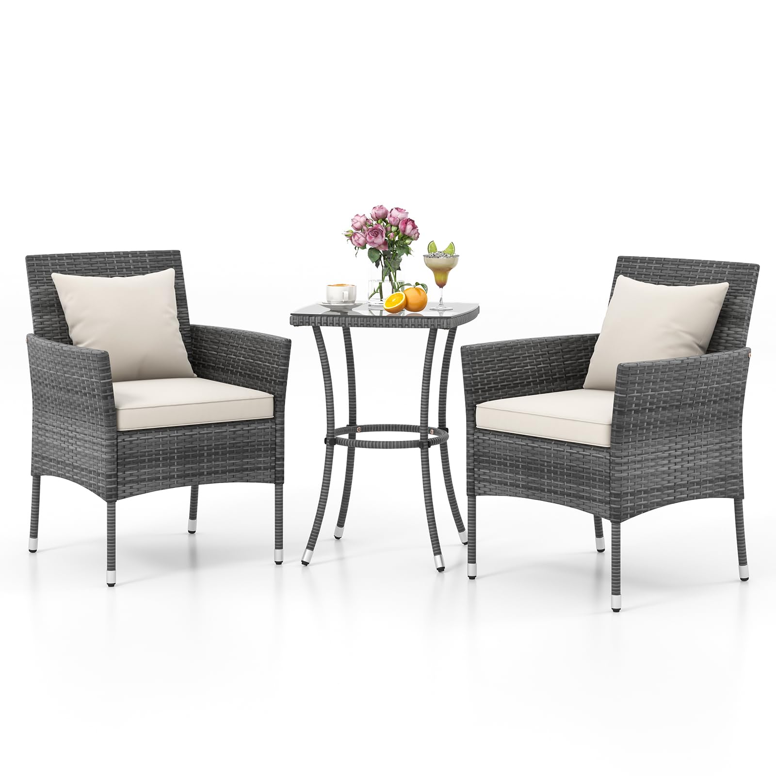 GIANTEX Juego de Muebles de Jardín de 3 Piezas de Ratán para 2 Personas, Resistente a la Intemperie con Cojines para Balcón y Jardín