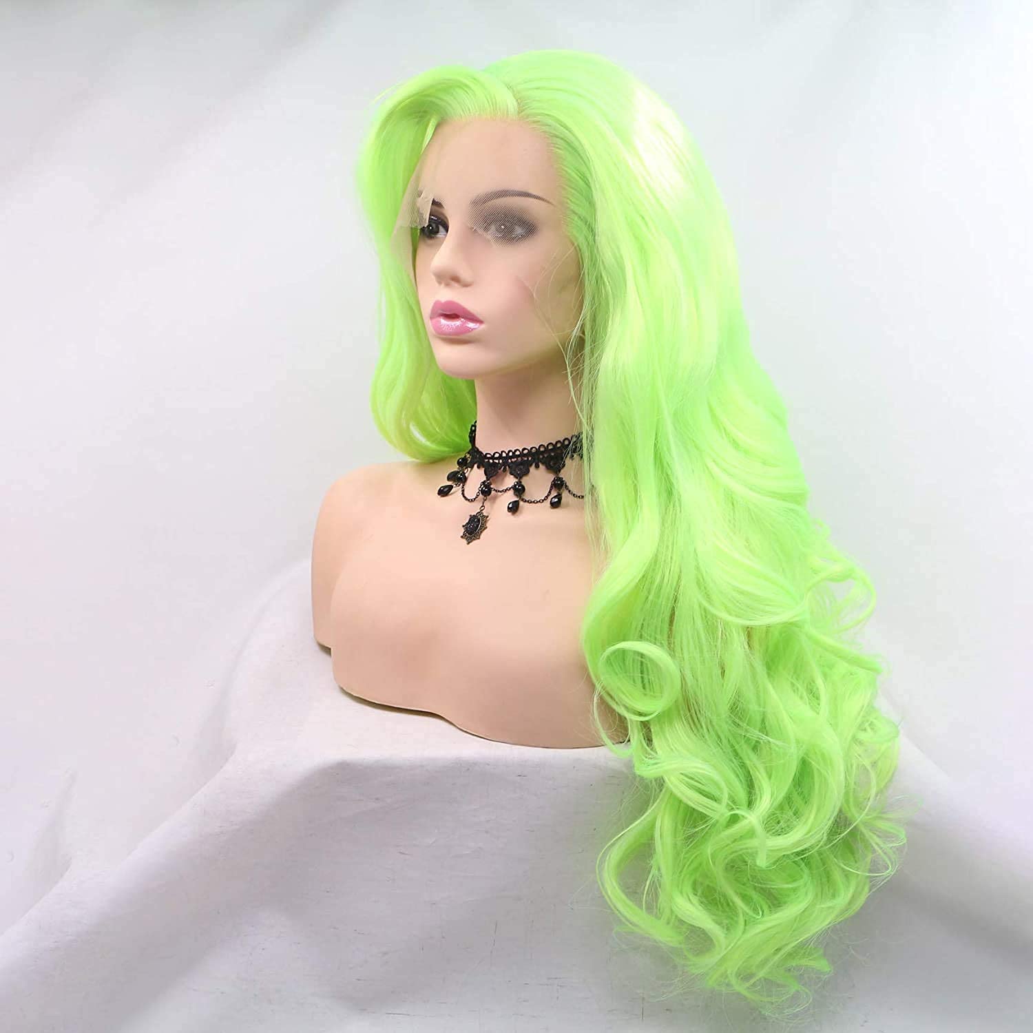 Fluorescent Green Lace Front Wigs for Women Neon Green Long Body Wave Synthetic Lace Front Wigs Pre Plucked Natural Hairline Real Hair Wig Glueless Heat Resistant Fiber Hair Drag Queen 24 Inch - Image 4