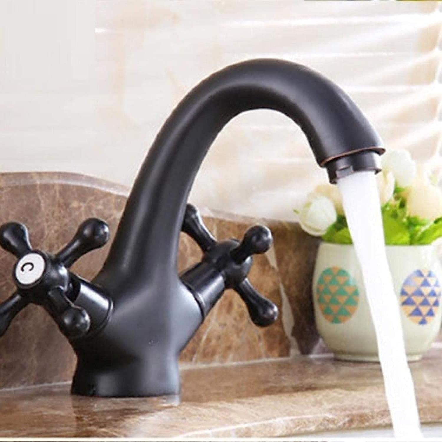 Robinet de lavabo rétro en laiton antique cascade noire pour salle de bain
