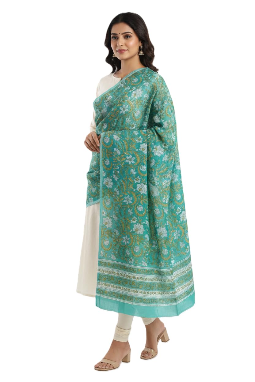 india scarves Teal Gold Mul Cotton Dupatta | Sanganeri Floral Jaal Block Print | 250x120cm – ISYVSK-A14-picture-43