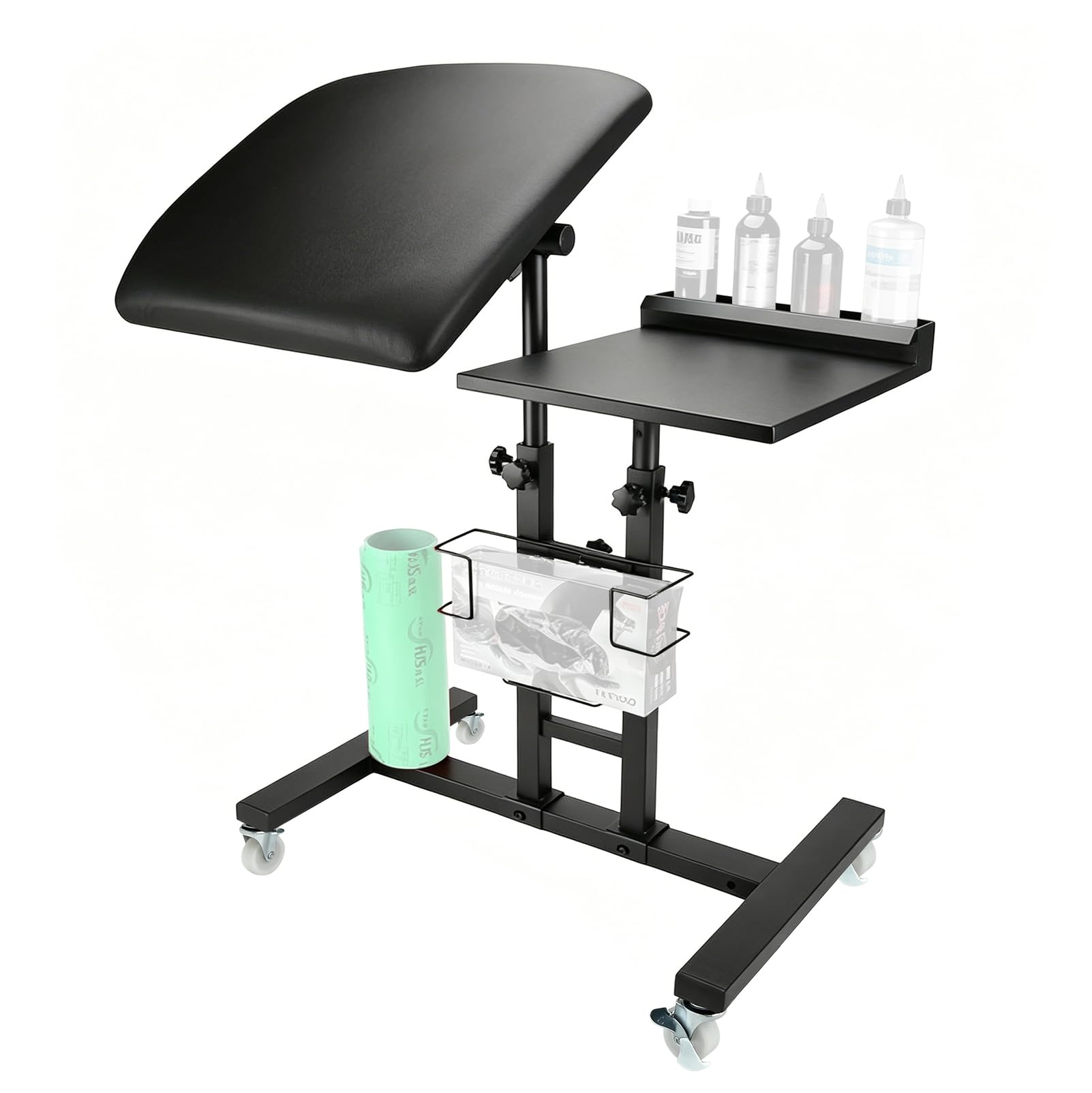 Carro con Ruedas de Tatuajes, Accesorio para Suministros de Salón | Altura Regulable con Plataforma Blanda, Bandeja para Herramientas para Estudios de Artistas y Salones de Belleza, Negro