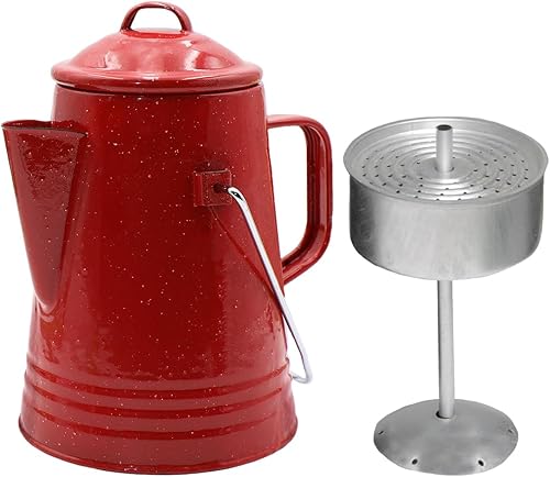 Grip Percoladora de café (rojo) Acero esmaltado duradero Prepara café sobre el fuego Camping, senderismo, mochilero, pesca, caza (8 tazas)