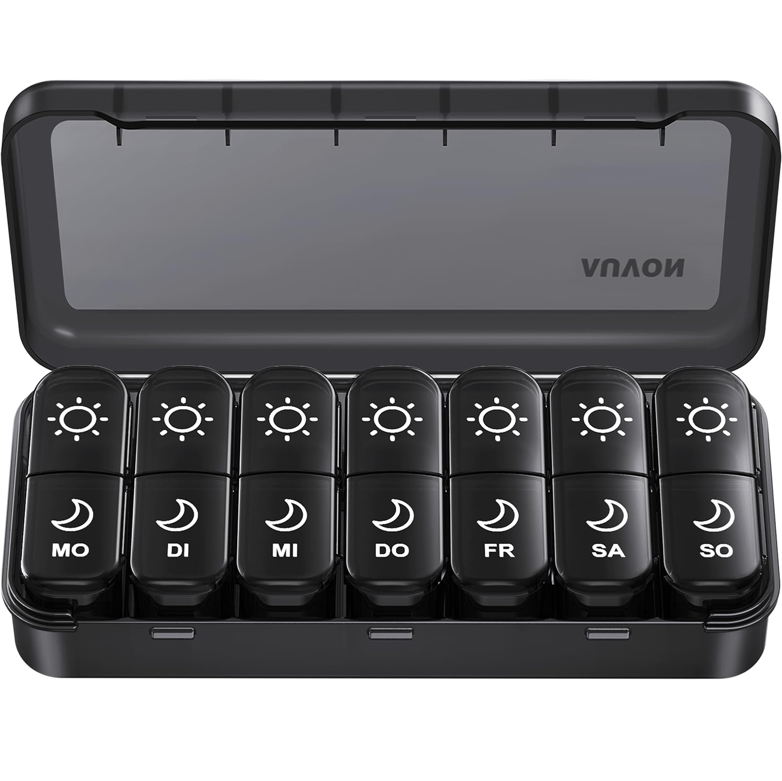 AUVON Tablettenbox 7 Tage mit oben lesbaren Siebdruck für einfache Organisation, Medikamentenbox Große Fächer & Privacy-Schutz in Schwarz, Pillendose mit Dual-Schutz für Medikamente Vitamine Fischöl