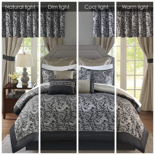 Image of Madison Park Essentials Brystol 24 Piece Room in a Bag Faux Silk Comforter Jacquard Paisley Design Matching Curtains Down Alternative All Season Bedding-Set, Black 24 Piece, King(104 in x 92 in)