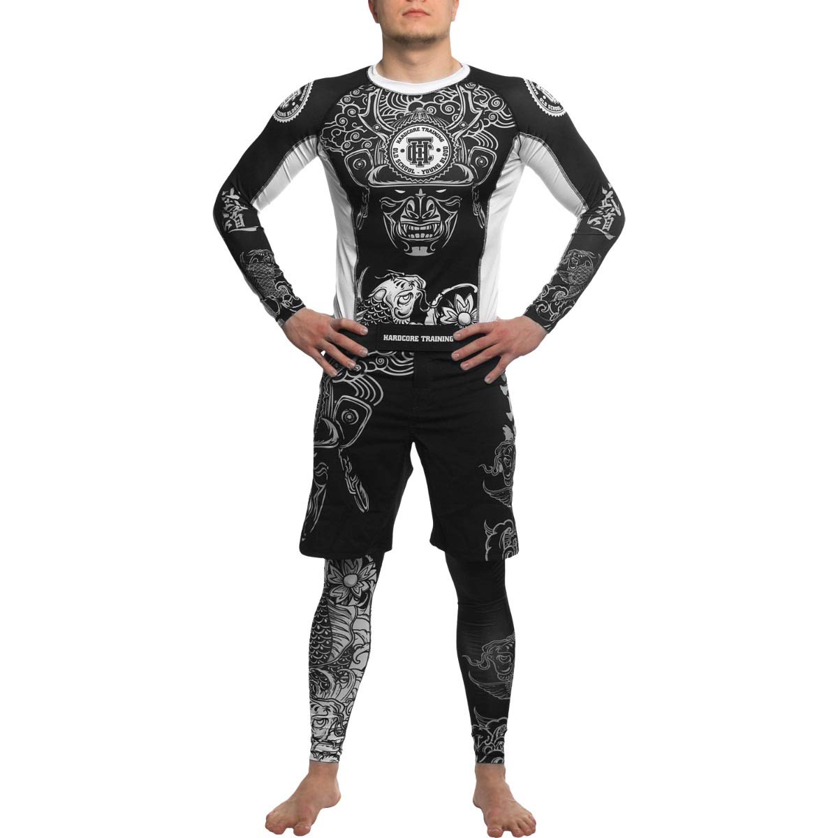 Hardcore Training Rash Guard Mężczyźni Kompresja Koszulka Długi Rękaw BJJ MMA No-Gi Obcisła Grappling Boks (DE/NL/SE/PL, Alfa, XL, Regularny, Regularny, Multicoloured/White)