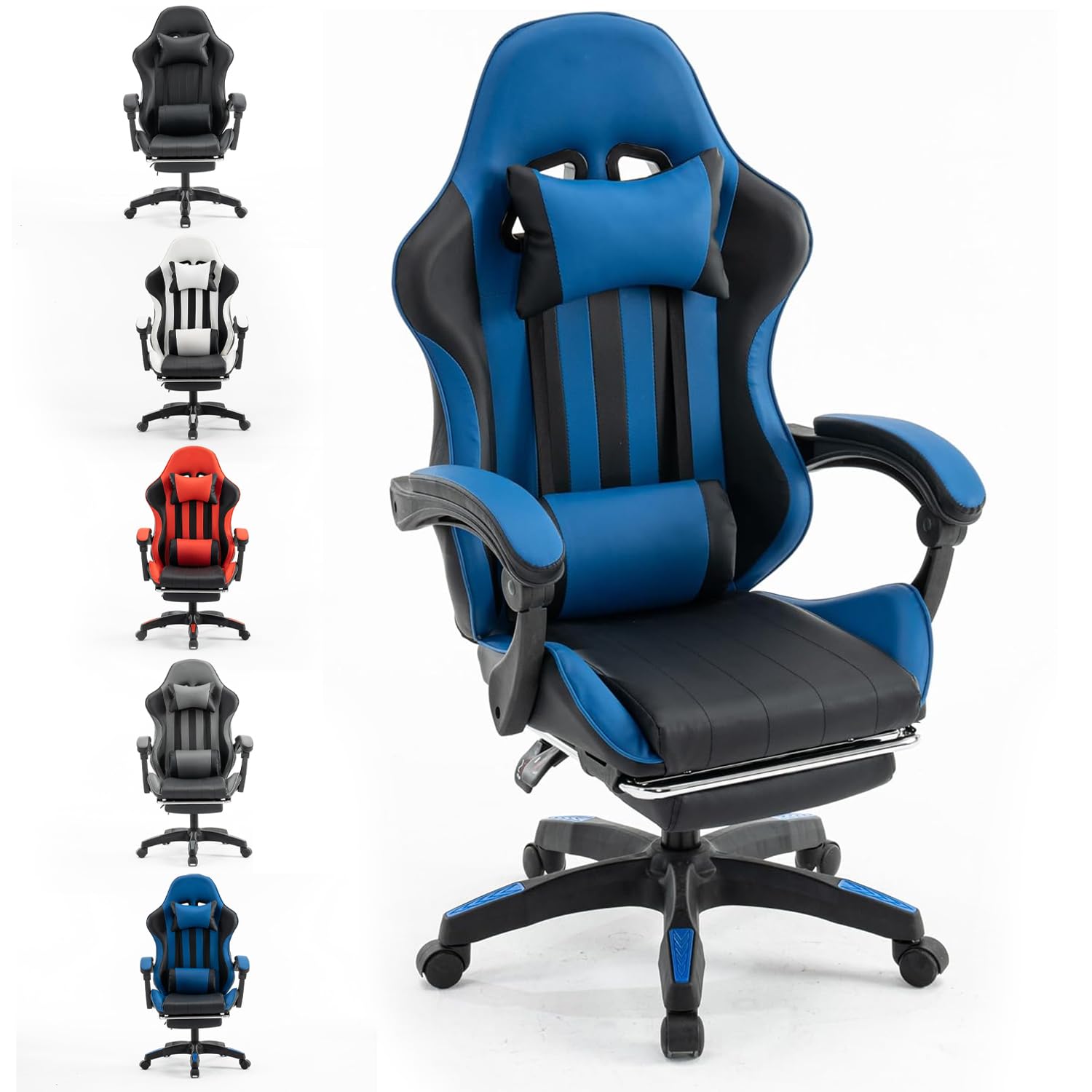 Millhouse Gaming Racing Desk Chair with Adjustable Lumbar Support, Footrest, and Head Pillow, X2022 (Blue)