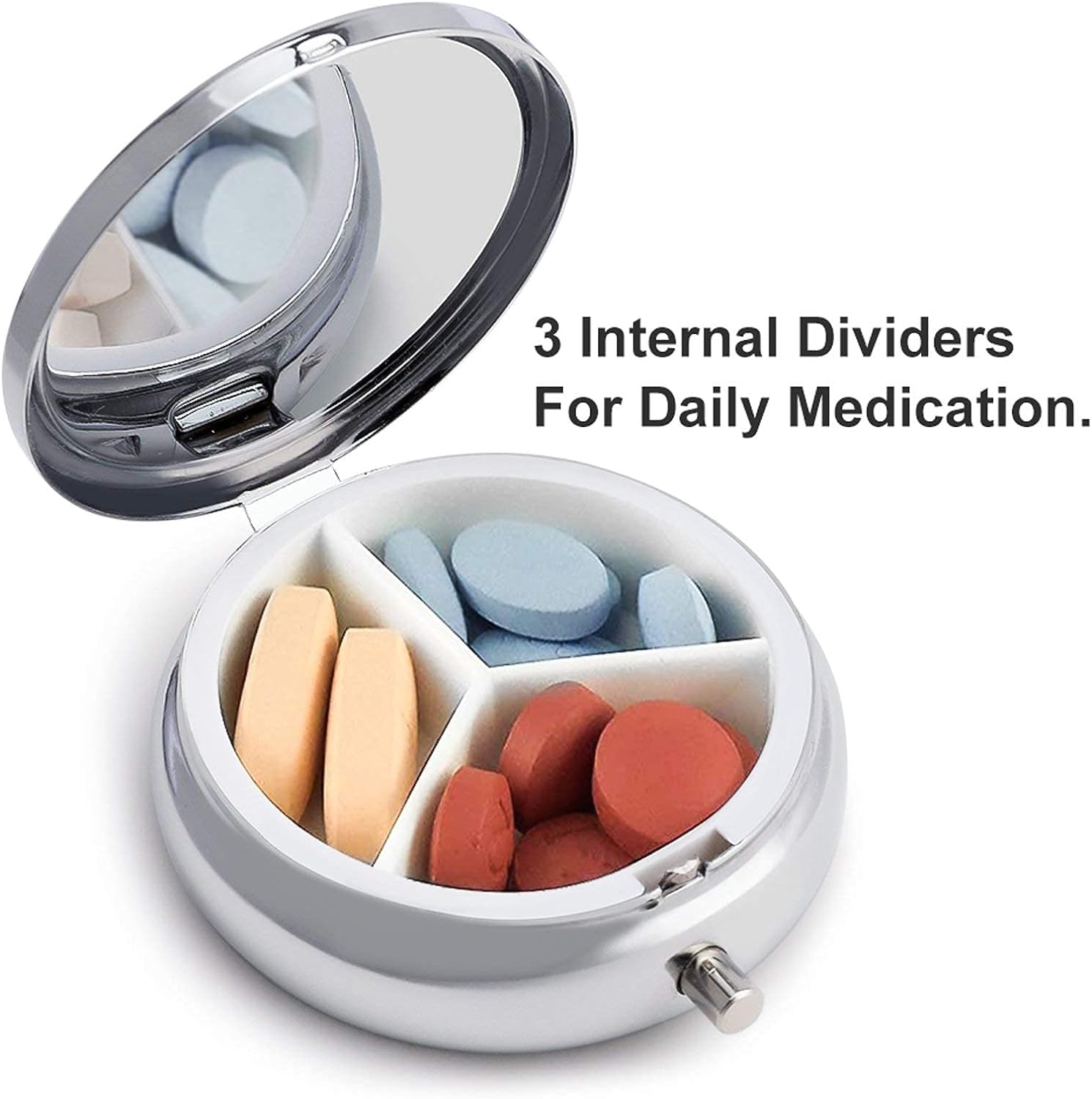 Pill Box, 3 Compartment Medicine Pill Case,Round Pill Box Portable Pill Box for Pocket or Purse Pill Box Decorative Metal Medicine Vitamin Organizer Unique Gift (Mermaid Trars)