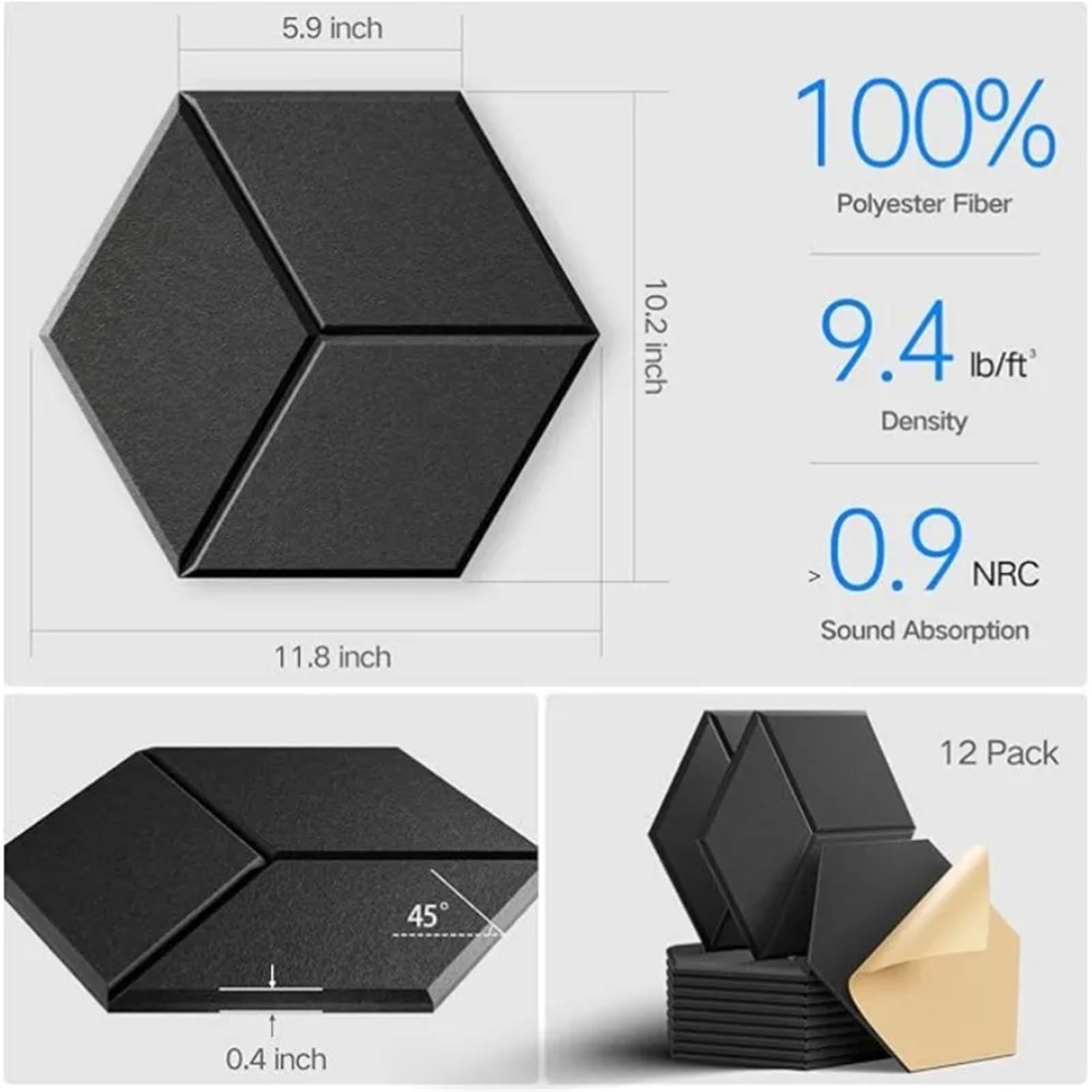 Paneles Acústicos Hexagonales Panel de espuma autoadhesivo insonorizado con revestimiento en Y for absorber el ruido y eliminar Para el estudio(White,8 PCS)