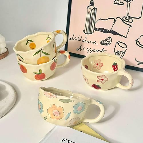 Miniatura 6 de 4 tazas de café de cerámica de 8.5 onzas, lindas tazas de café florales retro con asa y cuchara, taza de arte con leche irregular, regalo para el