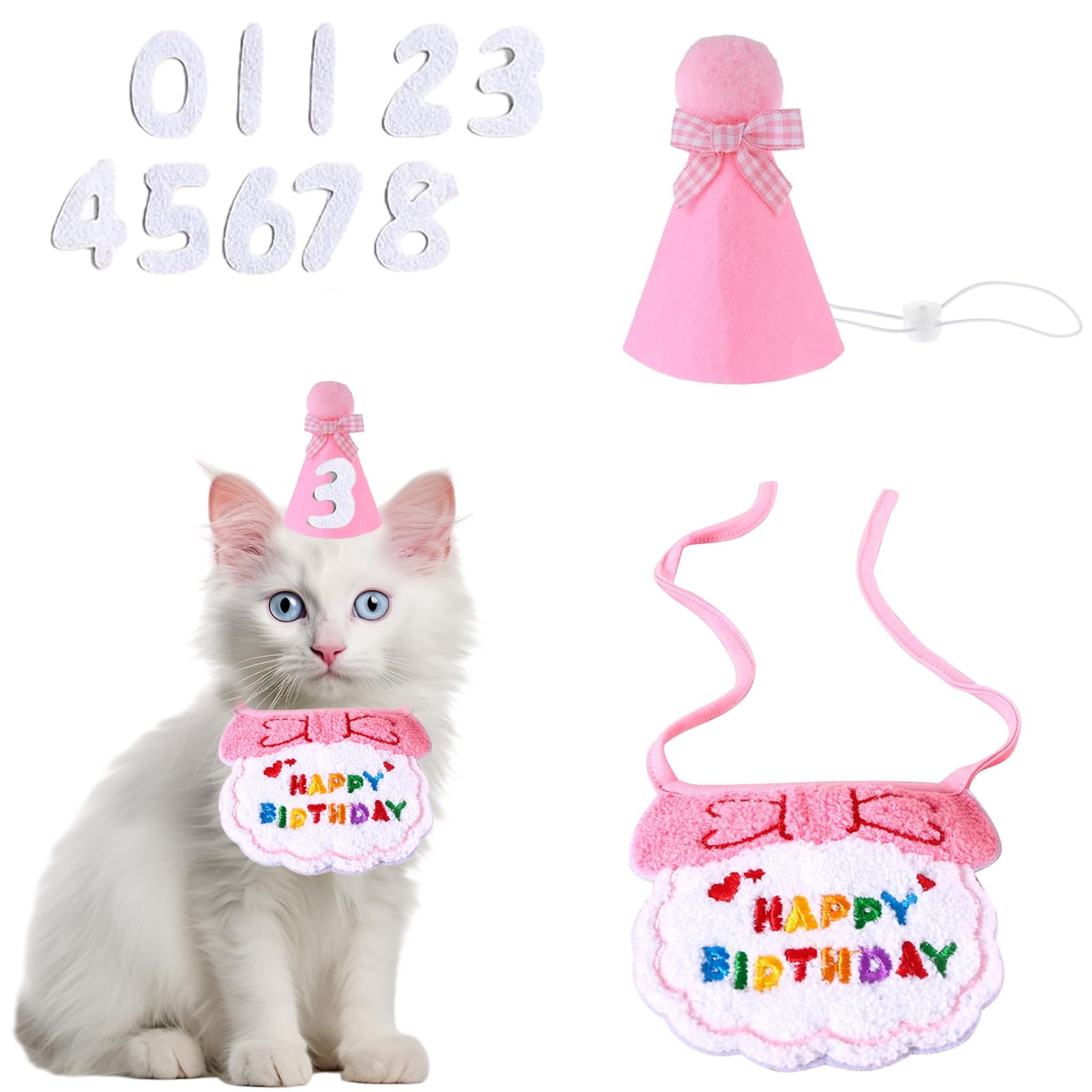 DEVENTORZ ペット用誕生日帽子 帽子 犬 誕生日 帽子 犬 猫用 誕生日グッズ 誕生日グッズ 3点セット バースデー帽子 数字付き 記念日 写真撮影飾 り付け ペット 三角帽子 唾液タオル （ピンク）