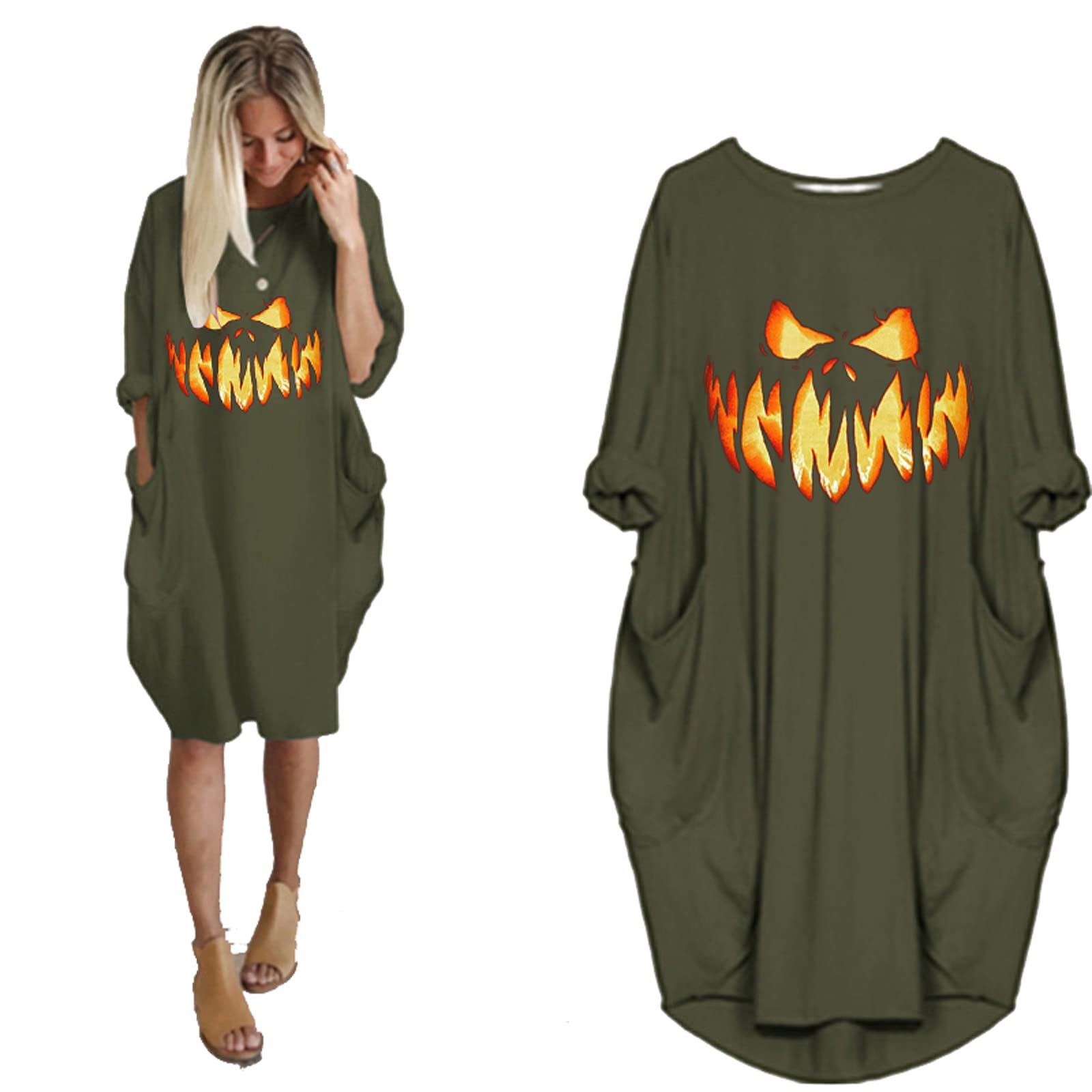 EKVAHLWomen's Classic Halloween Pumpkin Print Tshirt Dress Plus Size Long Sleeve Round Neck Loose Casual Dress with Pockets