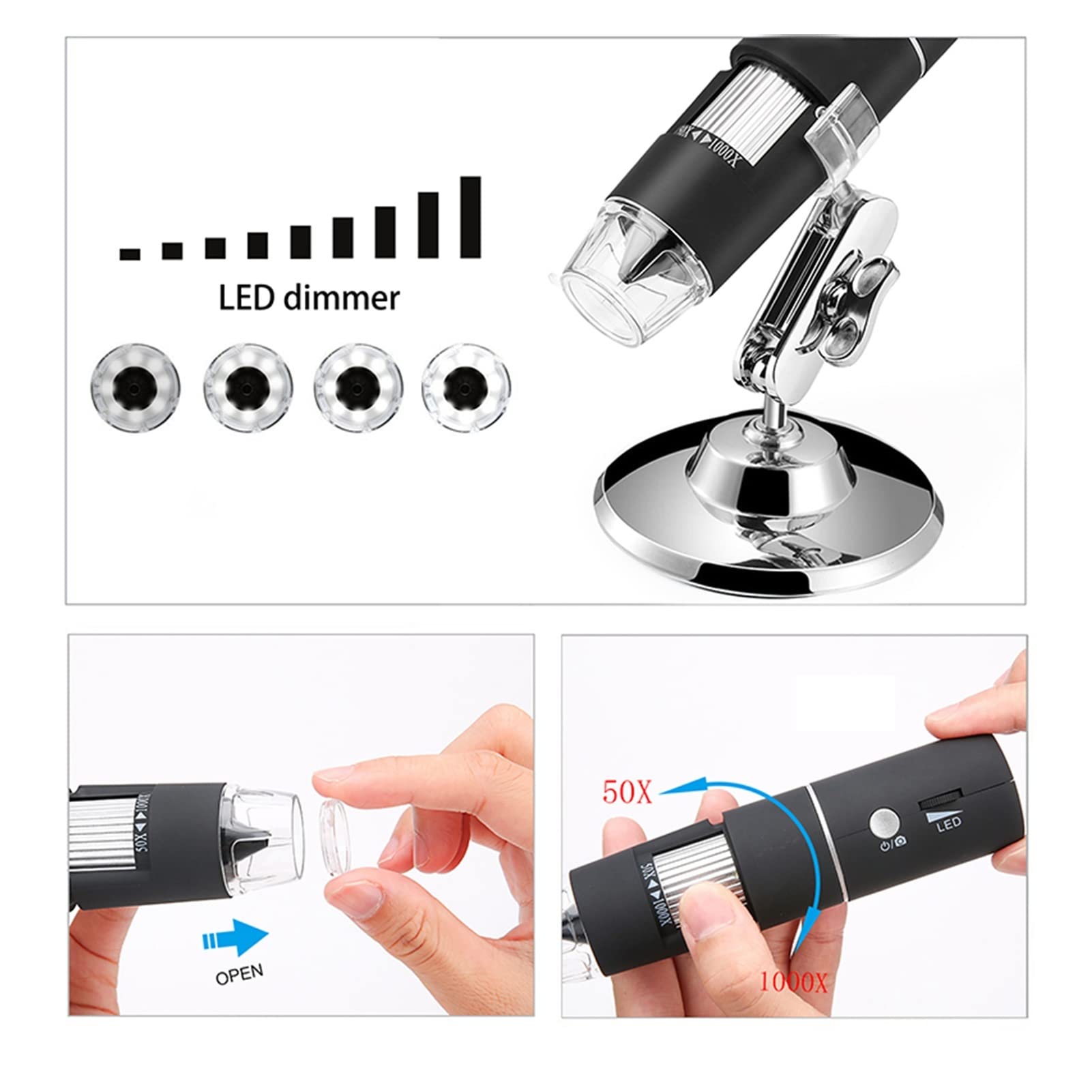 Mikroskop, 1000x WiFi Hand-Zoom-Vergrößerungs-Endoskop-Kamera 108 0p FHD 2.0 MP 8 LED Mikroskop mit Stand for Telefontablette(Noir)