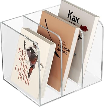 Acrylic Desk Organizer Book Organizer, Magazine File Holder, Vertical File Organizer Stand File Folder Holder, Mail Organizer Countertop Mail Sorter File Sorter, Clear Book Ends Book Holder