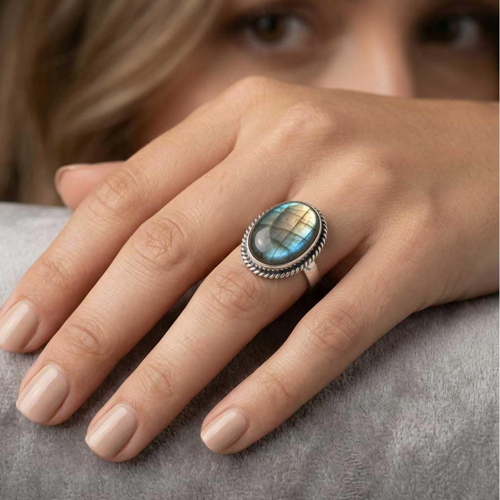 JEWELOPORIUM Chunky Natural Gemstone Ring For Women Amber, Labradorite, Turquoise, Rose Quartz Oval Boho 925 Sterling Silver Plated Handmade Jewelry