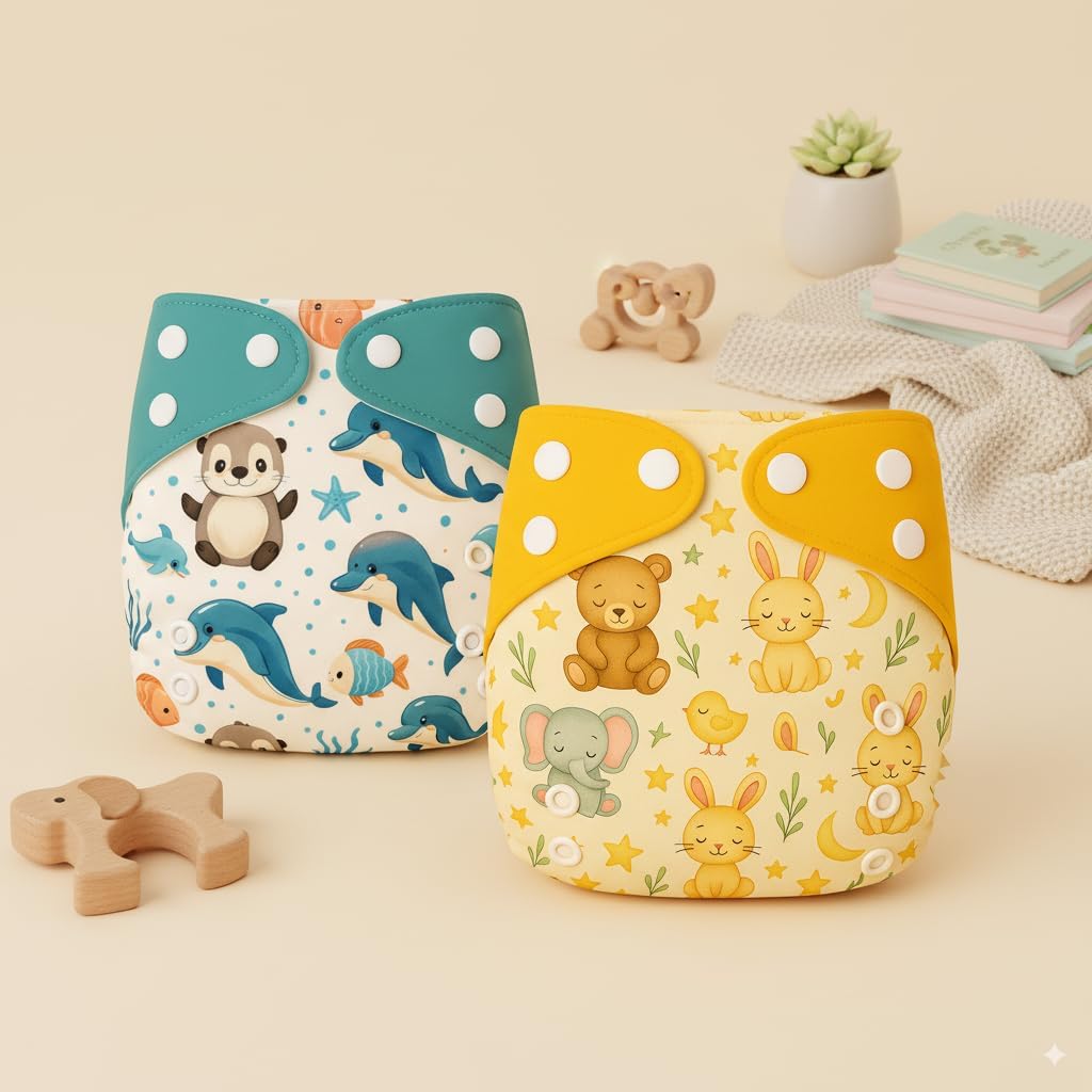 Blushbaby Premium Reusable Cloth Diaper for Babies (3 Months - 3 Years) | 2 Washable Diaper with 2 Insert Pad | Adjustable, Leak-Proof, rash free & Absorbent | Freesize Diaper (5-18kg)