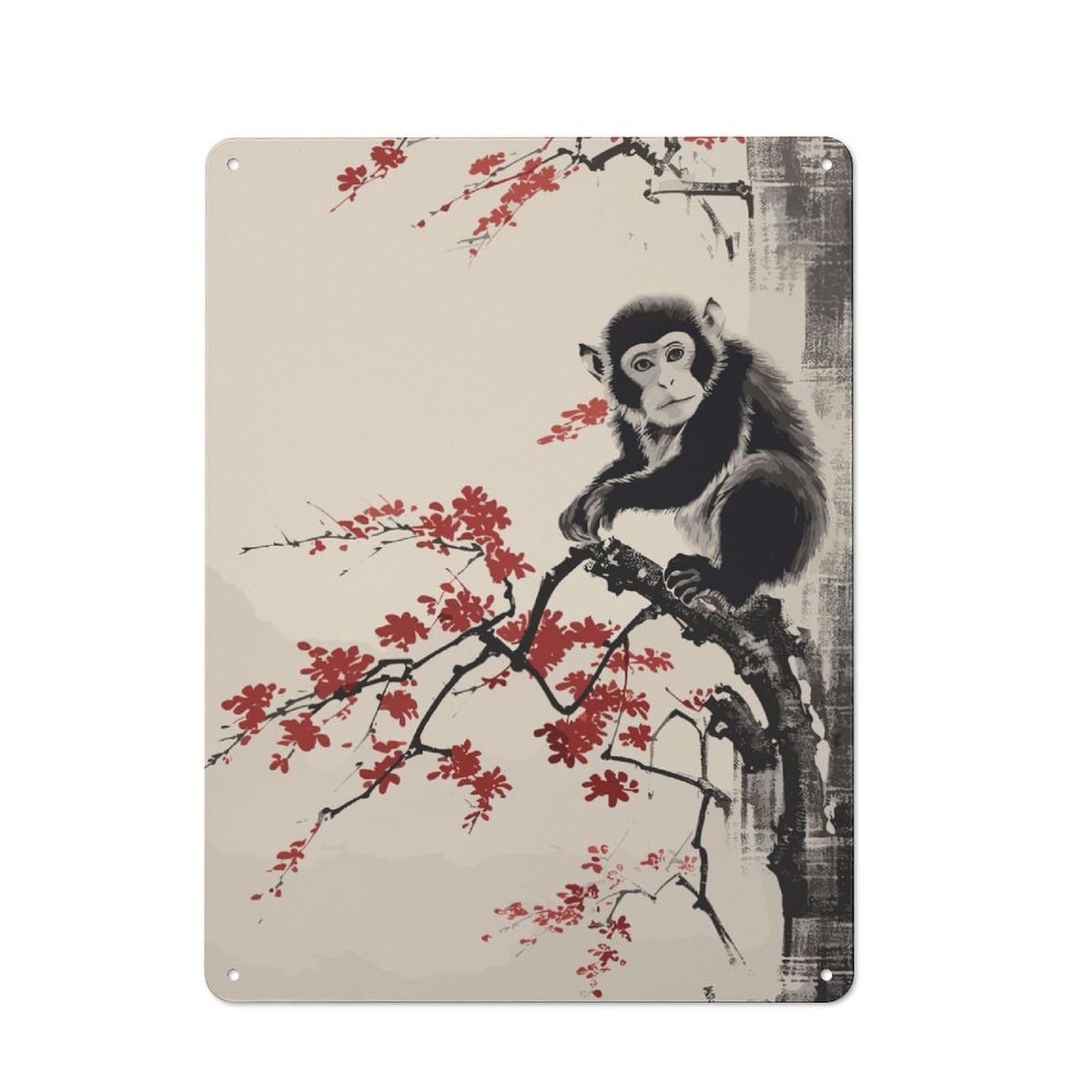 Metal Wall Sign with Monkey Japanese Painting Design 40x30cm, Weathered Look Workshop Wall Decor for Garage, Hobby Room, Office Or Man Cave