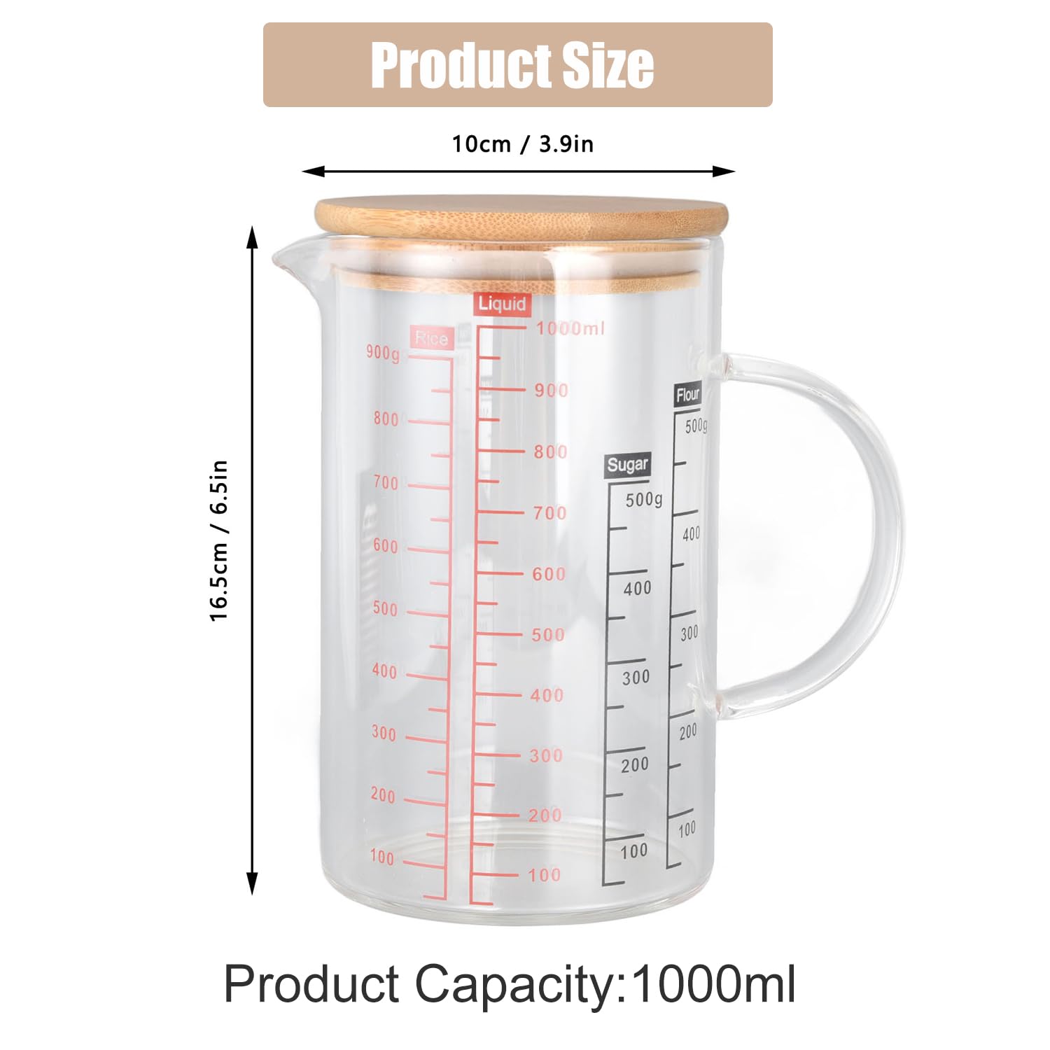 Vaso medidor de vidrio resistente al calor, 1000 ml, recipiente de vidrio transparente con boquilla en forma de V, herramienta de cocina para microondas, para hacer yogur, café con leche (1000 ml)